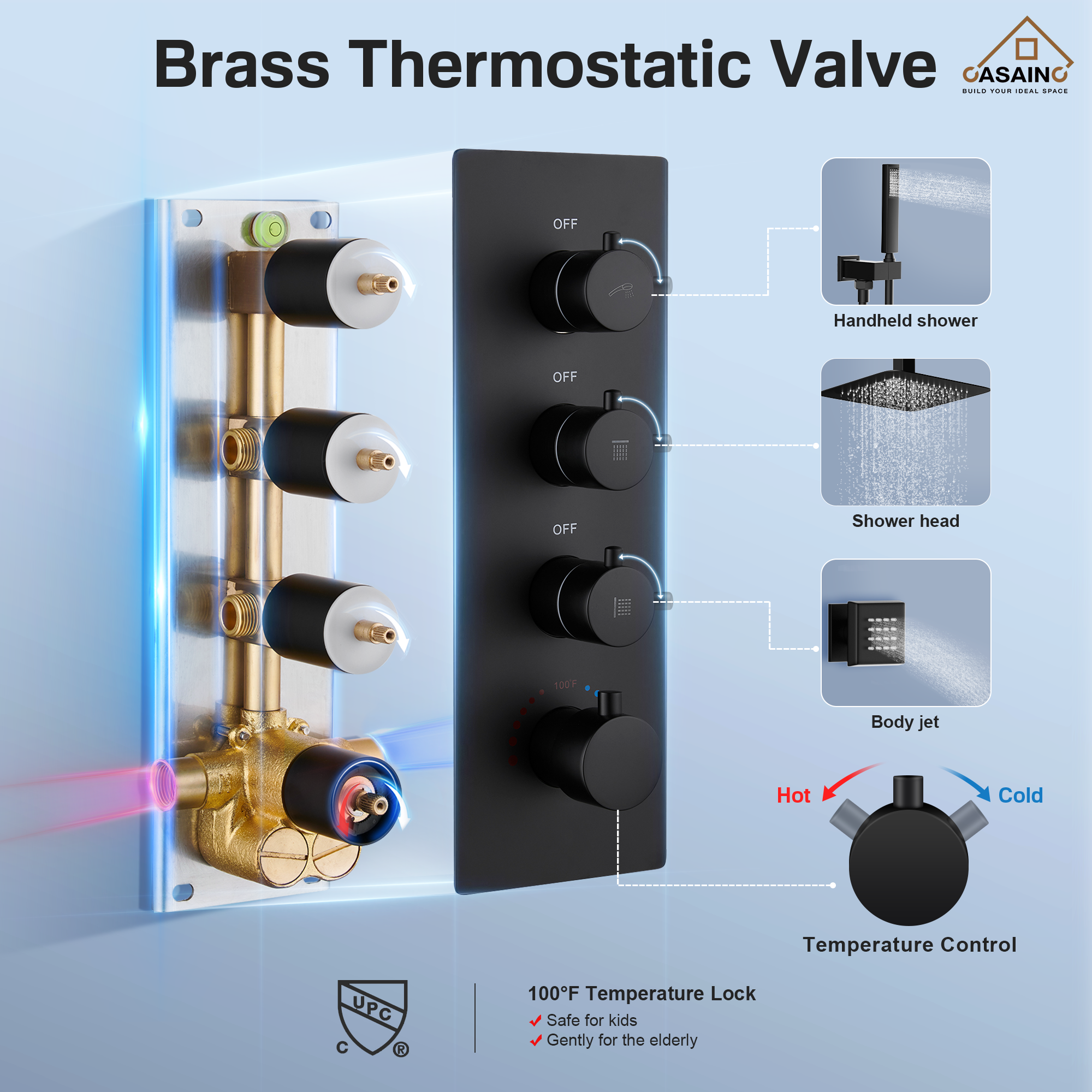 12" Ceiling Mount Rain Shower System with Handheld and Body Jets