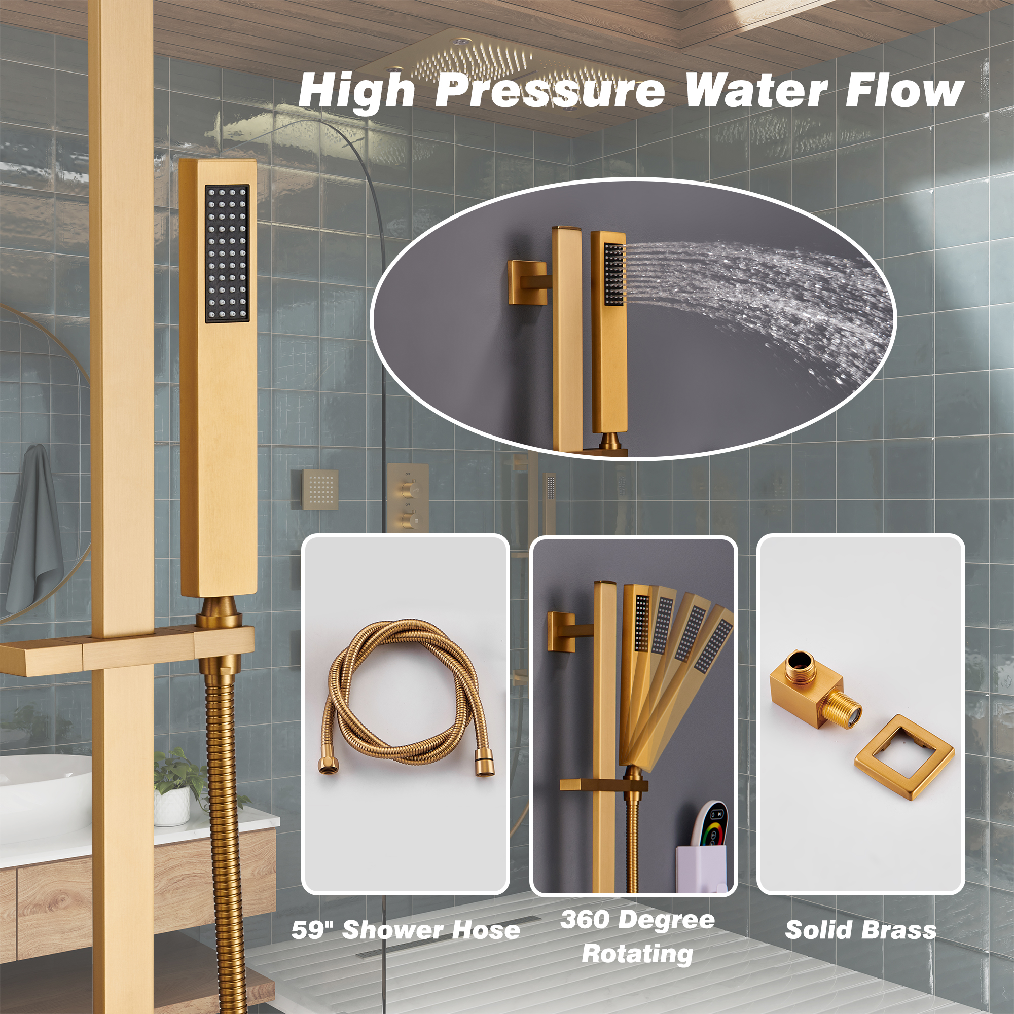 27.6" x 15.7" Luxury Thermostatic Shower System with LED Rainfall & Waterfall