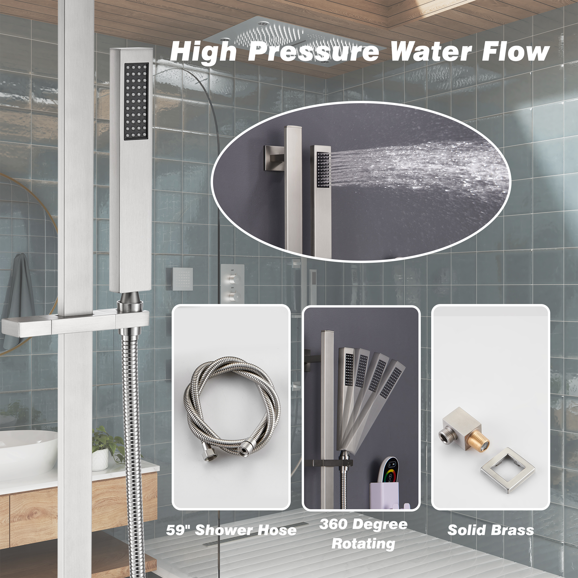 27.6" x 15.7" Luxury Thermostatic Shower System with LED Rainfall & Waterfall