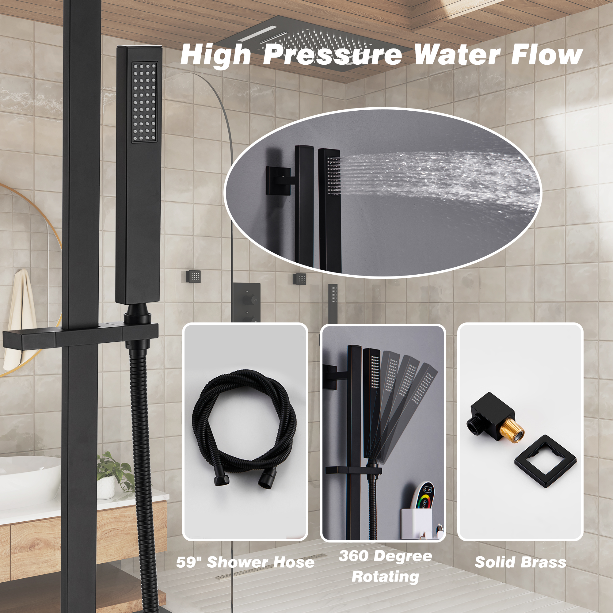 27.6" x 15.7" Luxury Thermostatic Shower System with LED Rainfall & Waterfall