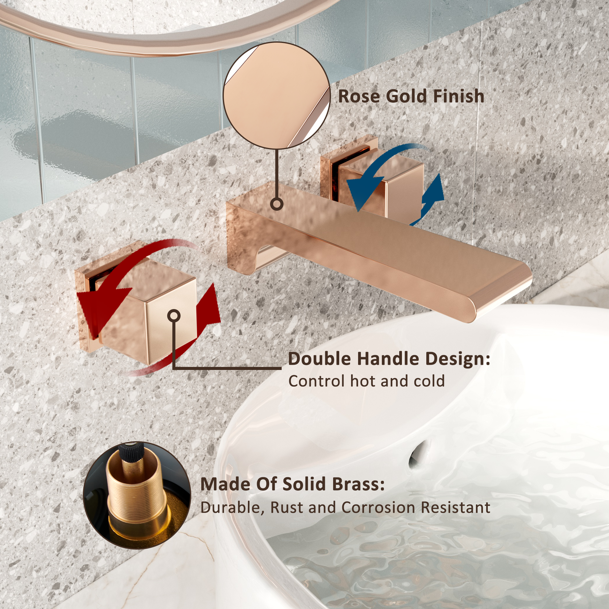 Wall-Mounted Waterfall Bathroom Basin Faucet in Brushed Rose Gold 