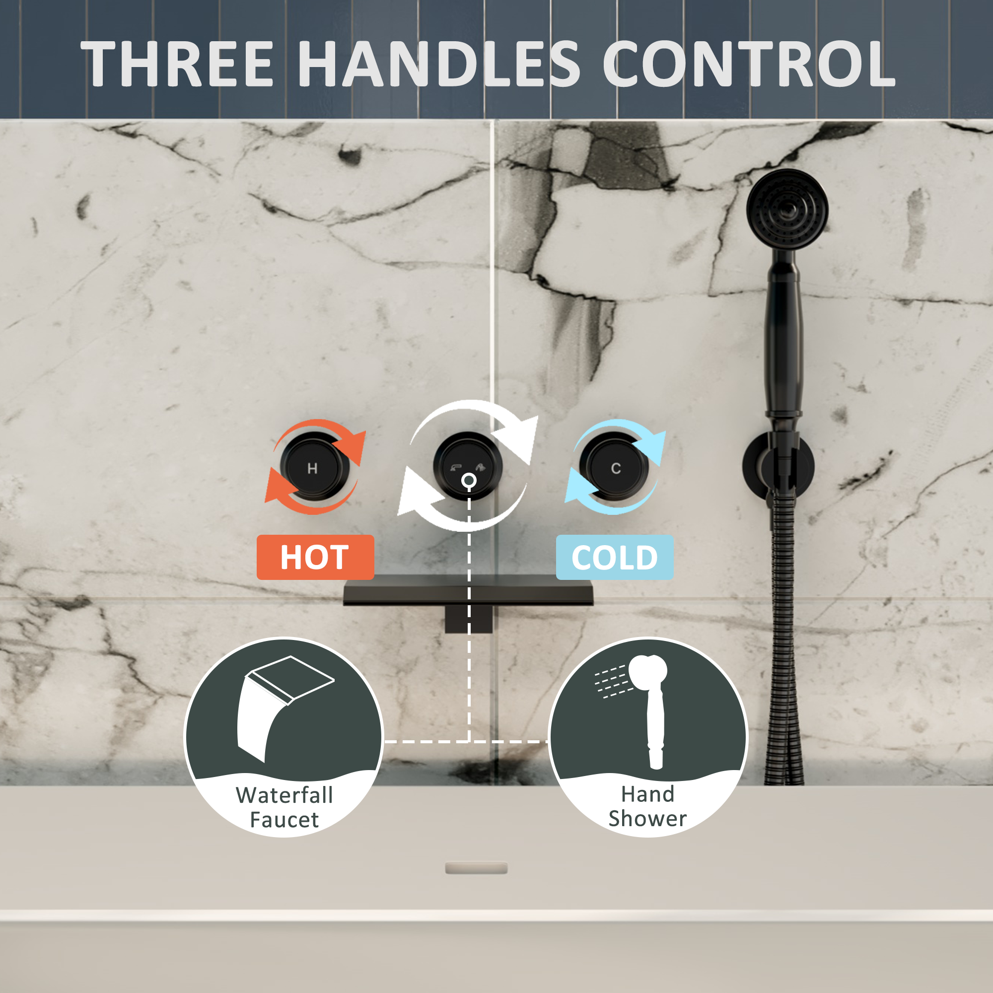 Wall-Mounted Waterfall Bathtub Faucet with Handheld Shower