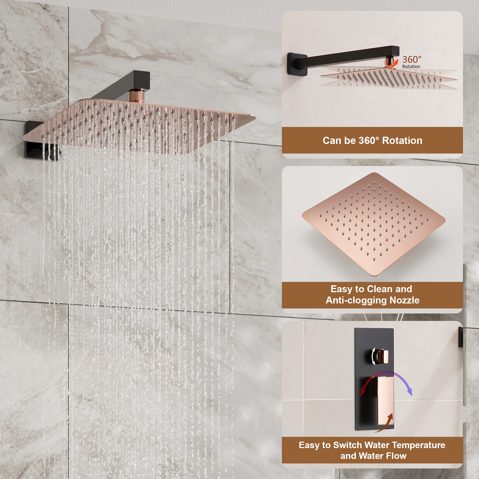 10” Rose Gold and Black Wall-Mounted Shower System with Handheld Shower