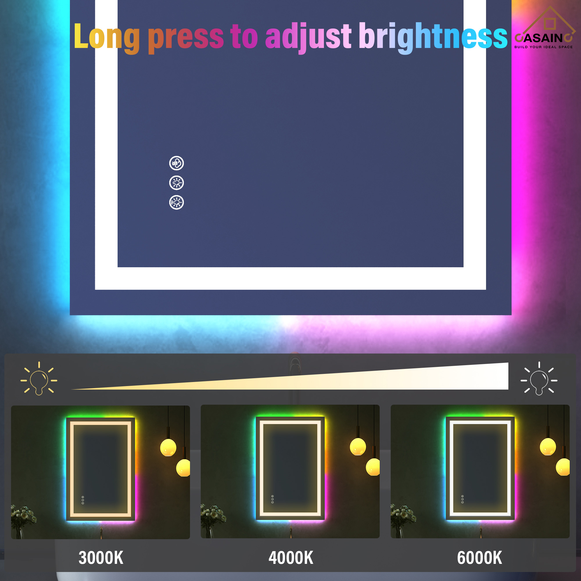 Tempered RGB LED Bathroom Mirror with Smart Controls & Anti-Fog