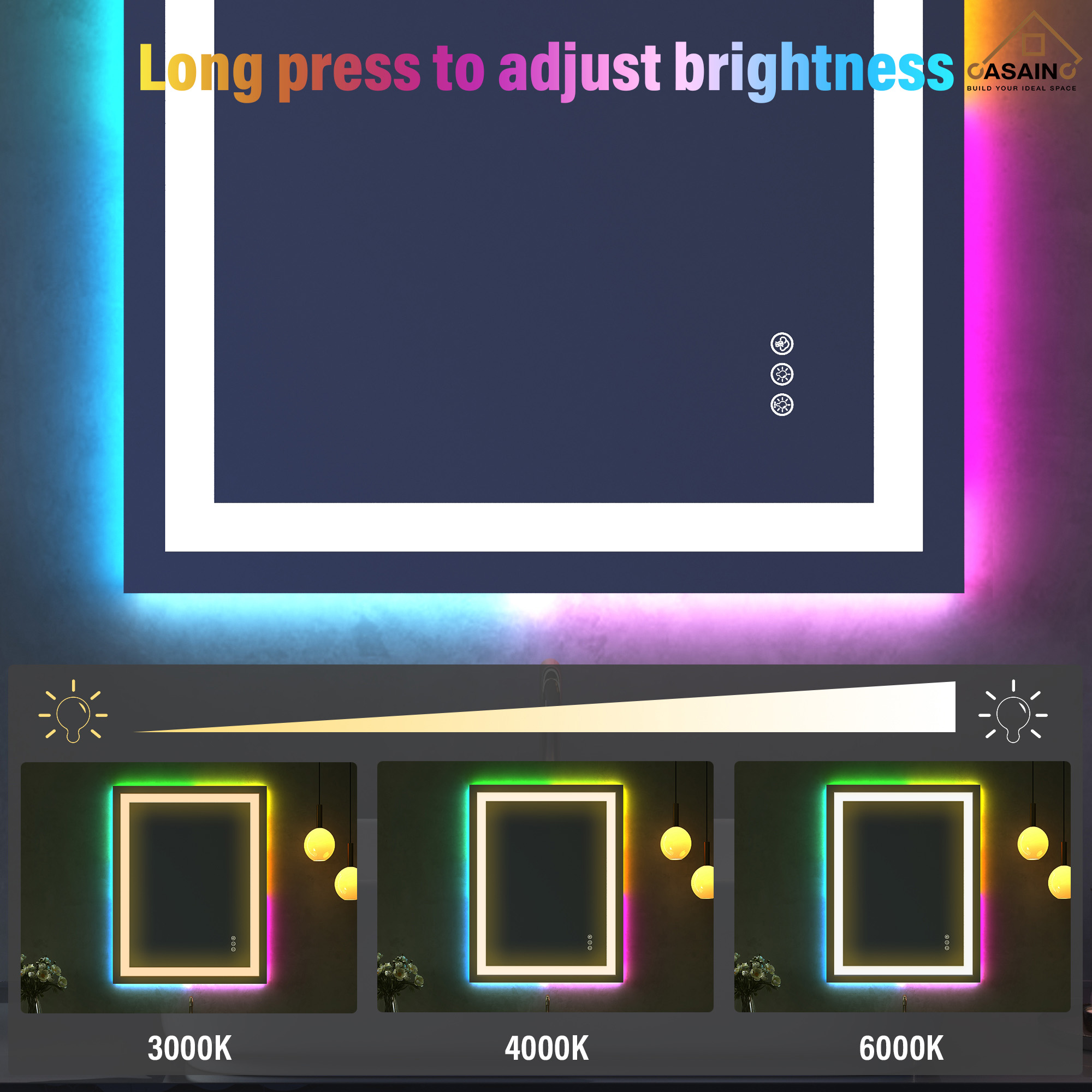 Tempered RGB LED Bathroom Mirror with Smart Controls & Anti-Fog