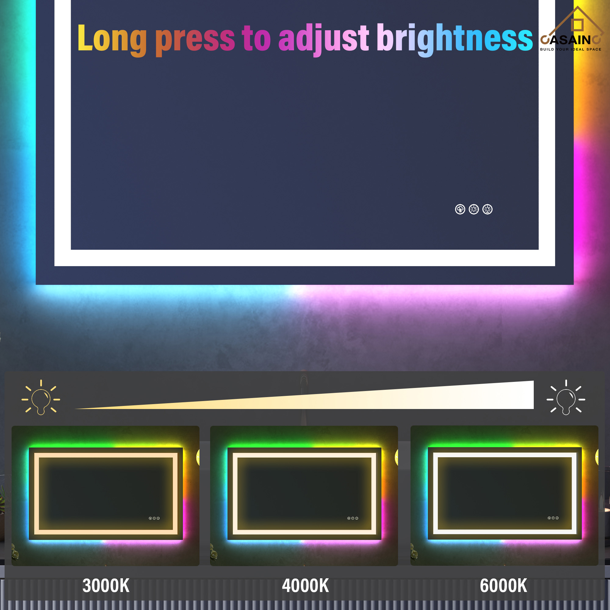 Tempered RGB LED Bathroom Mirror with Smart Controls & Anti-Fog