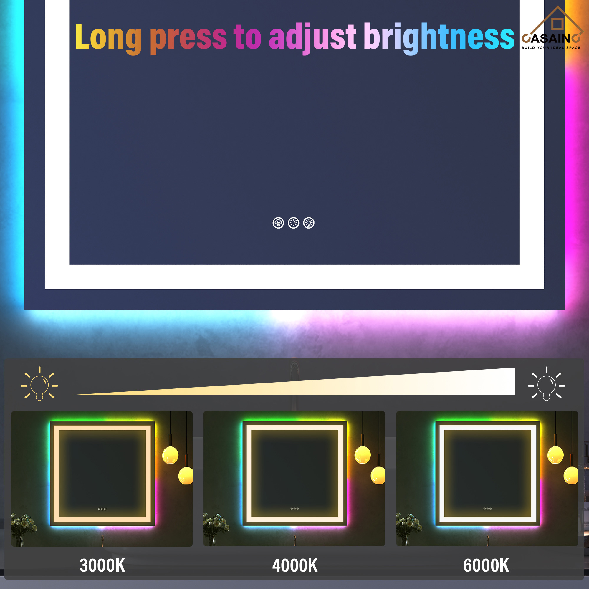 Tempered RGB LED Bathroom Mirror with Smart Controls & Anti-Fog