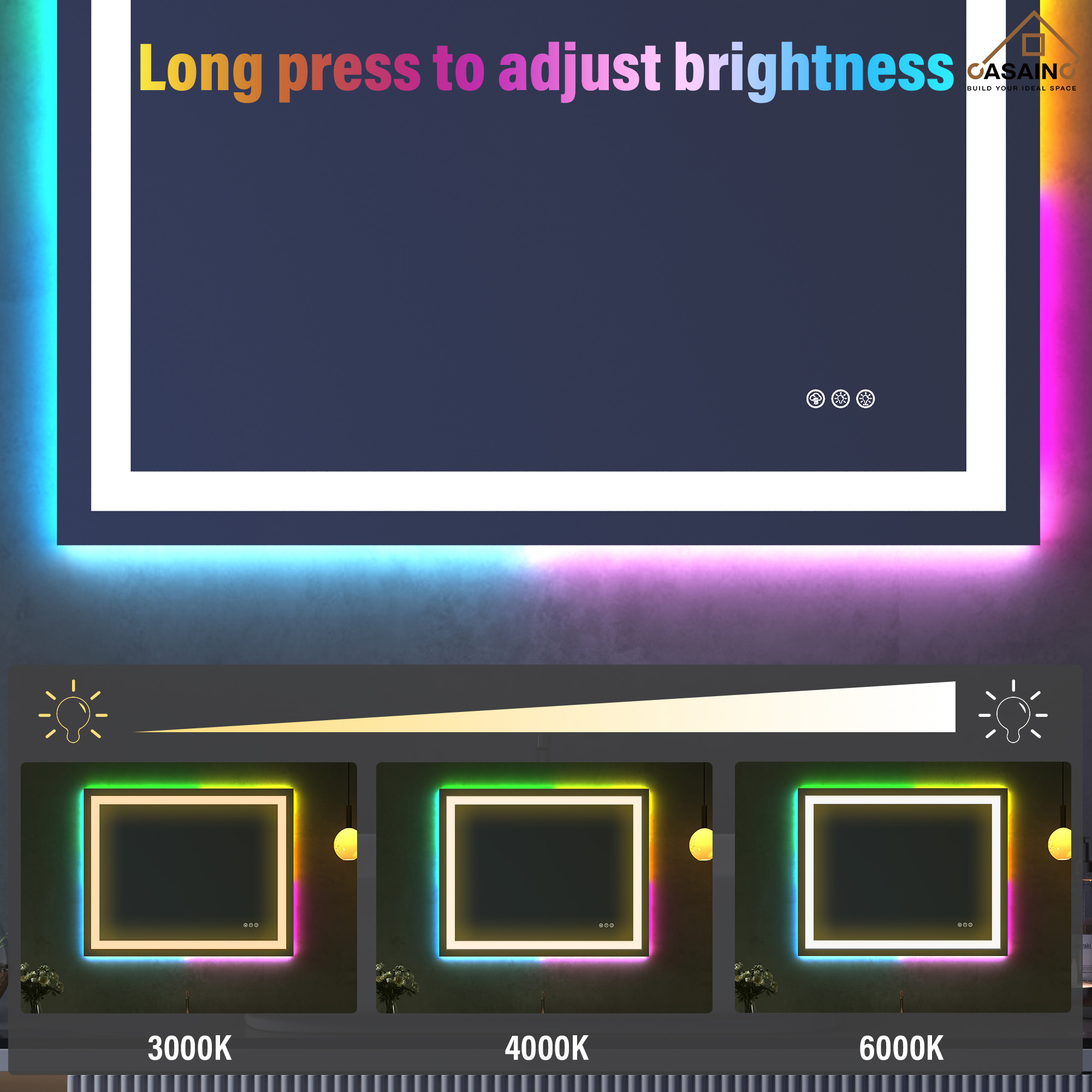 Tempered RGB LED Bathroom Mirror with Smart Controls & Anti-Fog