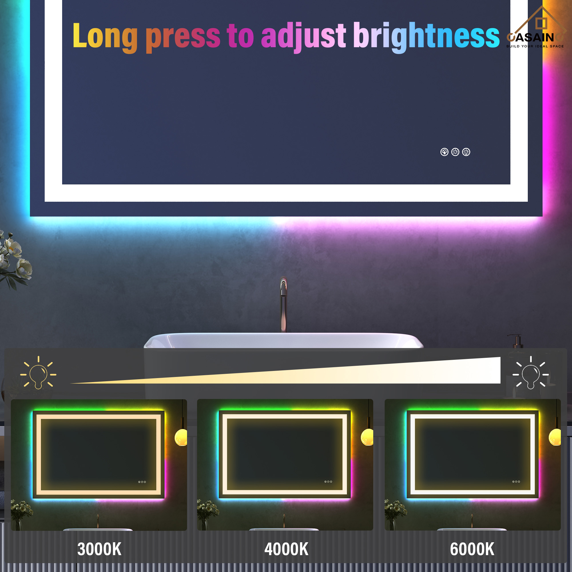 Tempered RGB LED Bathroom Mirror with Smart Controls & Anti-Fog