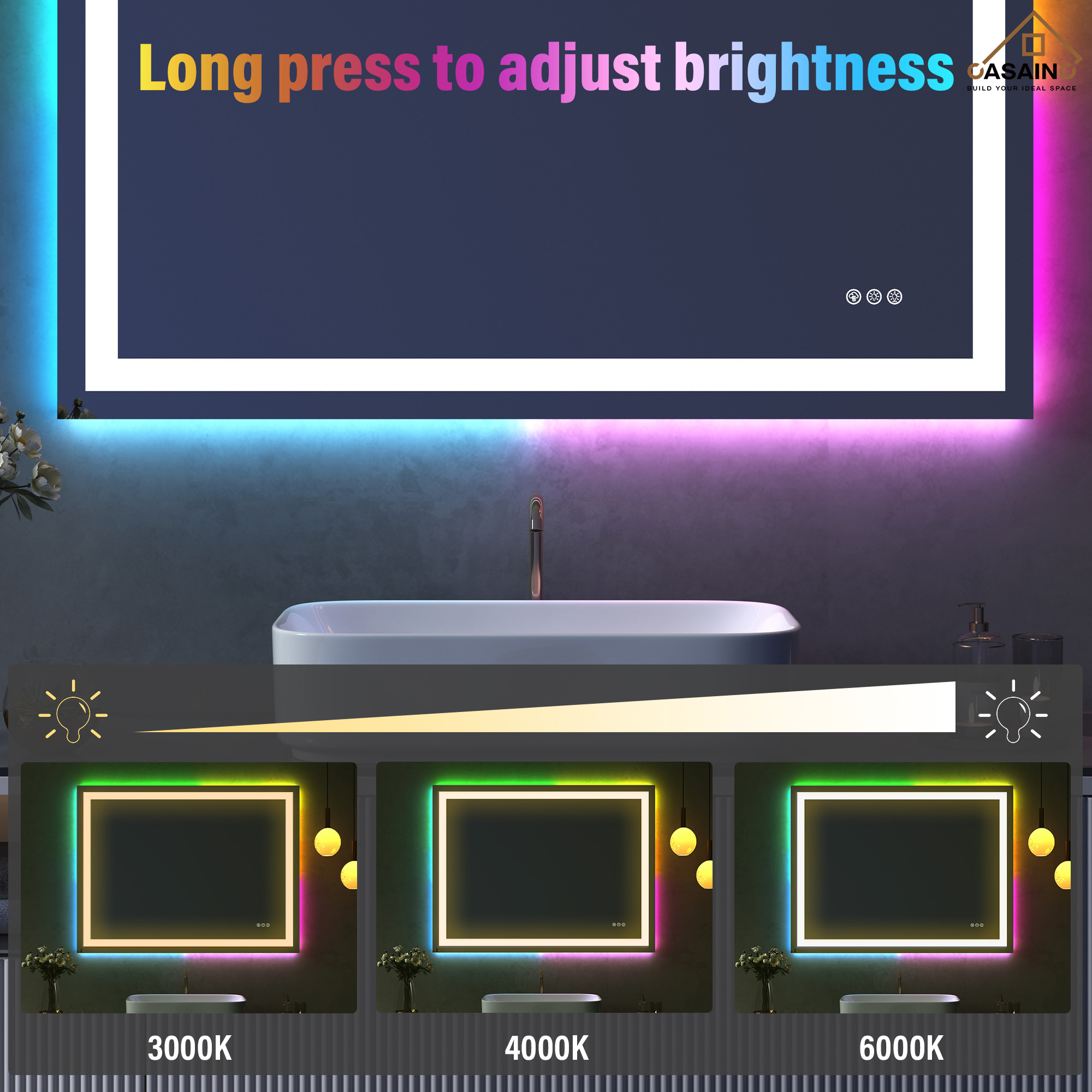 Tempered RGB LED Bathroom Mirror with Smart Controls & Anti-Fog