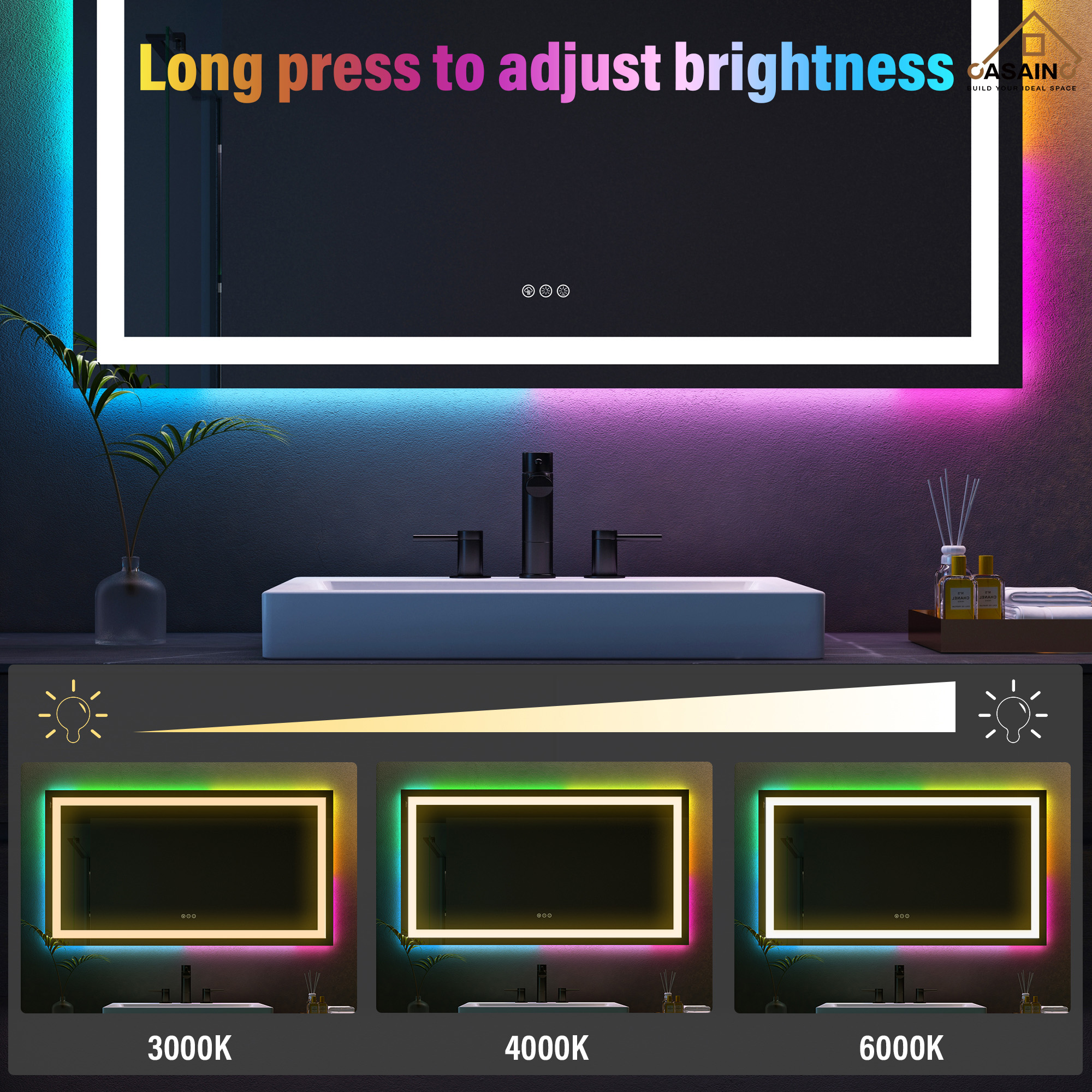 Tempered RGB LED Bathroom Mirror with Smart Controls & Anti-Fog