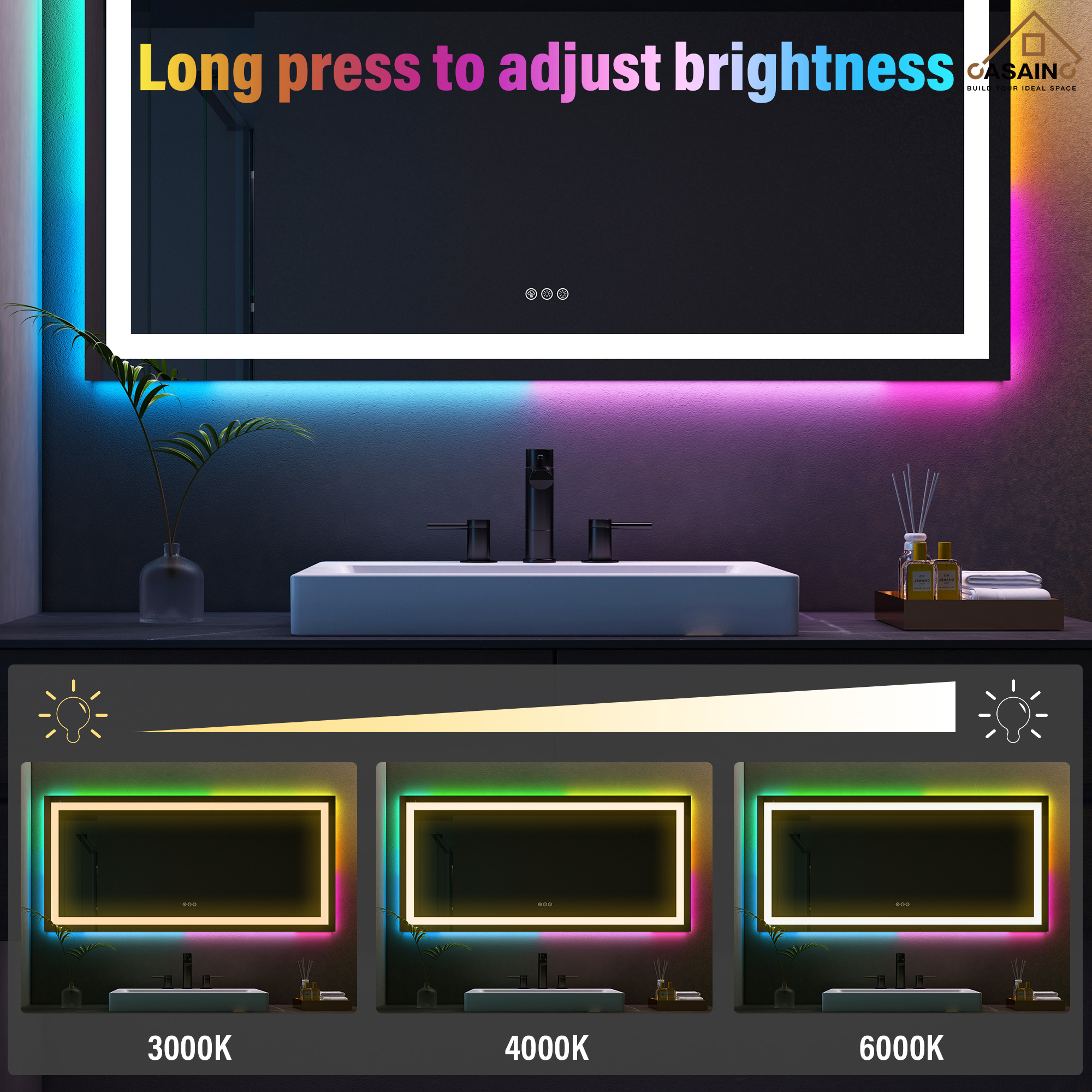 Tempered RGB LED Bathroom Mirror with Smart Controls & Anti-Fog