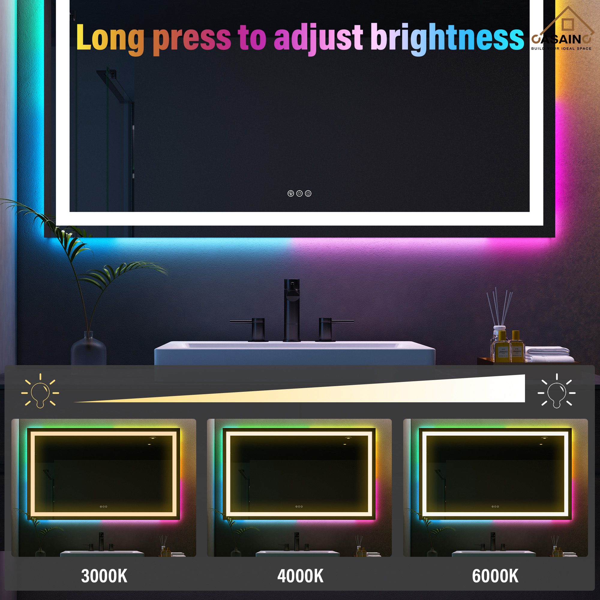 Tempered RGB LED Bathroom Mirror with Smart Controls & Anti-Fog