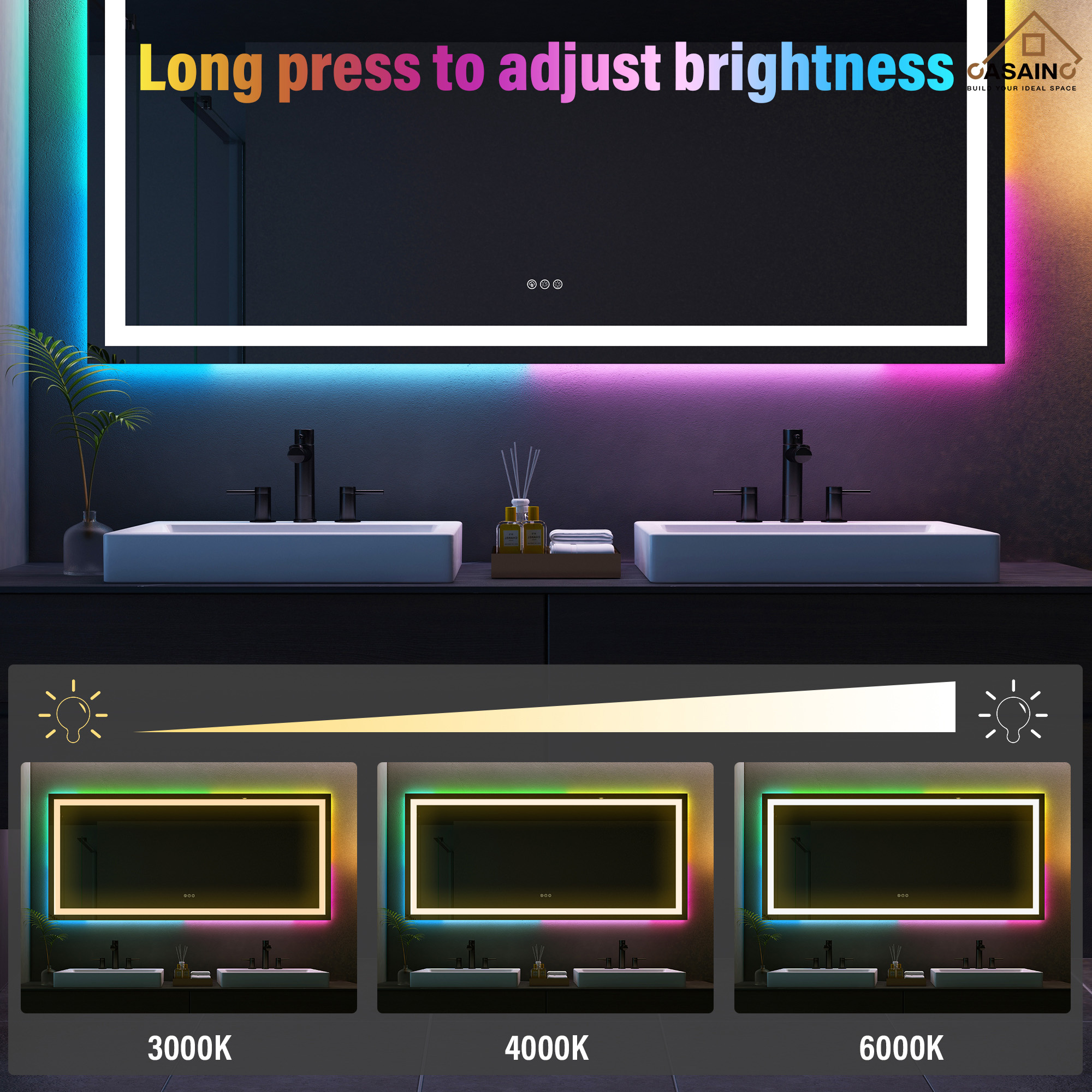 Tempered RGB LED Bathroom Mirror with Smart Controls & Anti-Fog