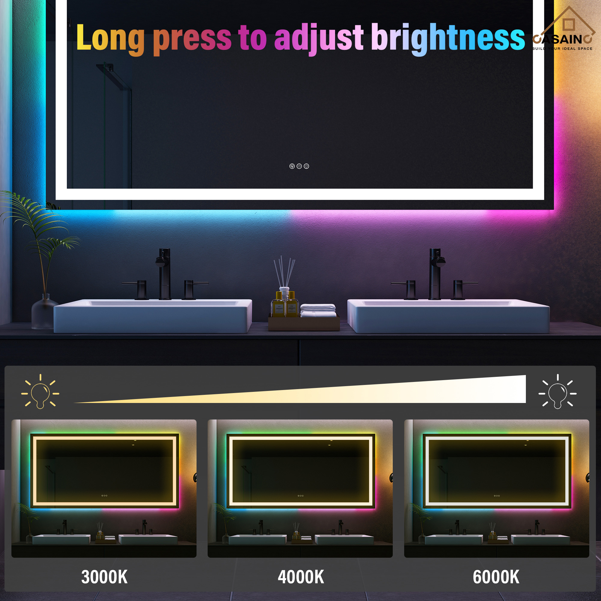 Tempered RGB LED Bathroom Mirror with Smart Controls & Anti-Fog