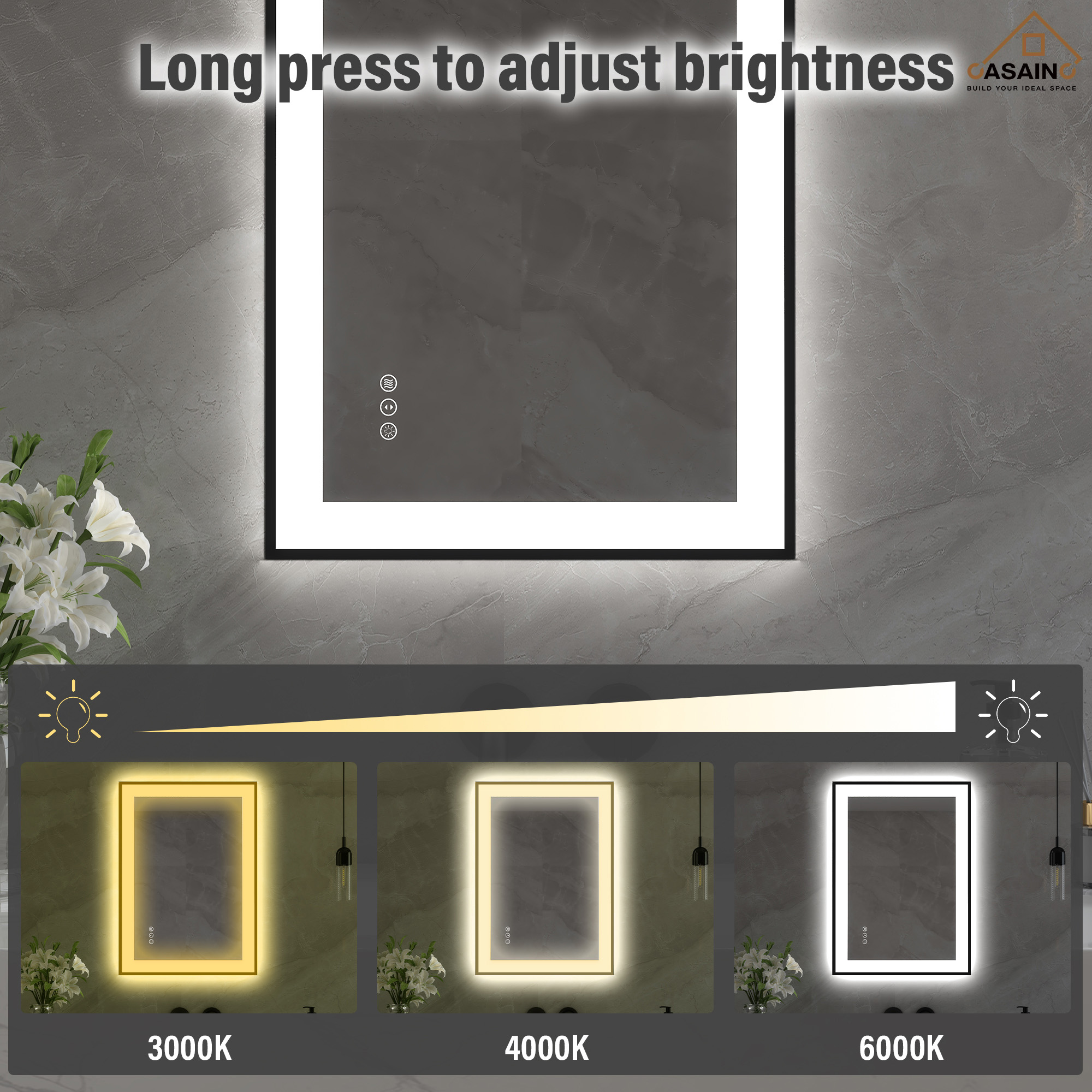 Tempered Glass LED Mirror with Aluminum Frame for Bathroom Vanity