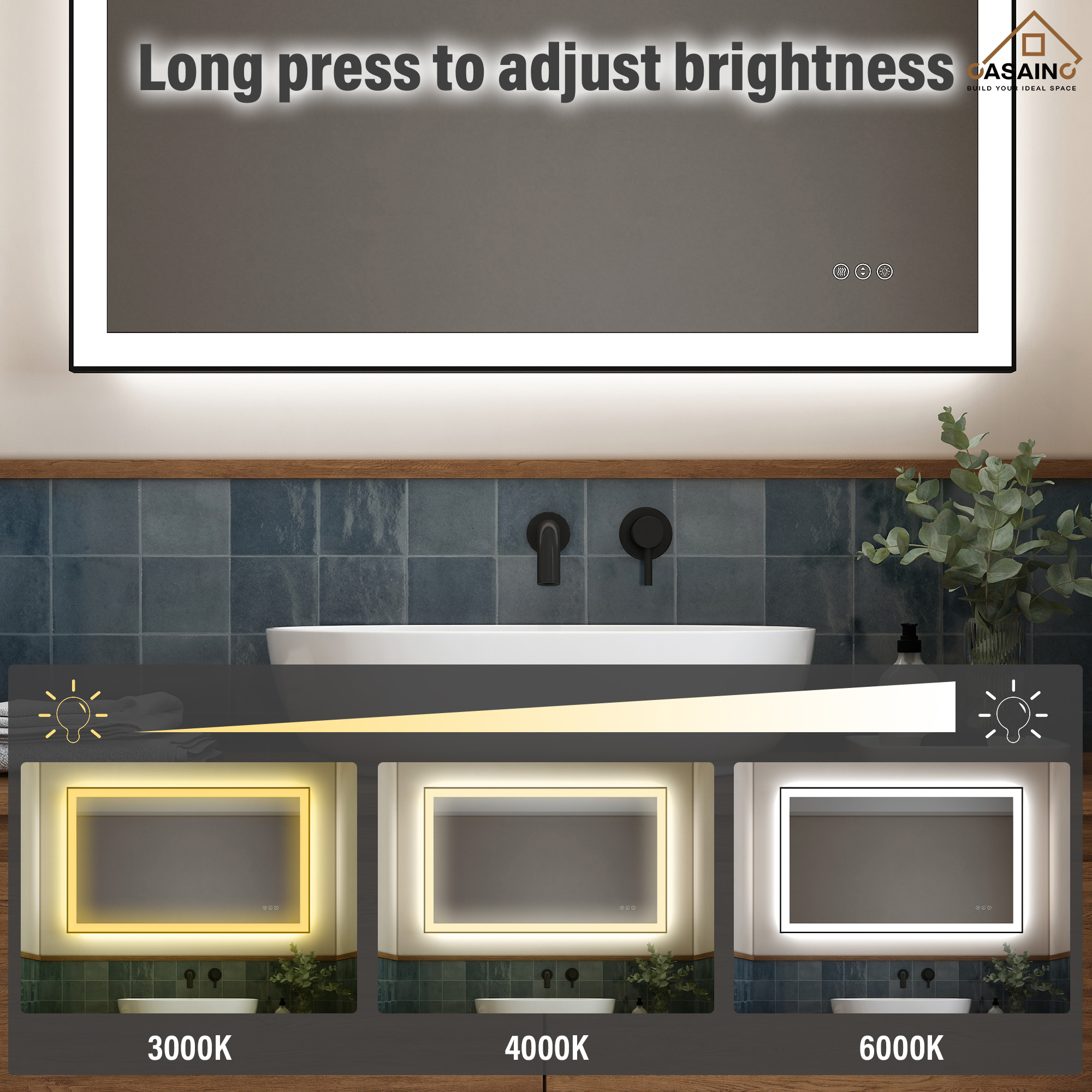 Tempered Glass LED Mirror with Aluminum Frame for Bathroom Vanity