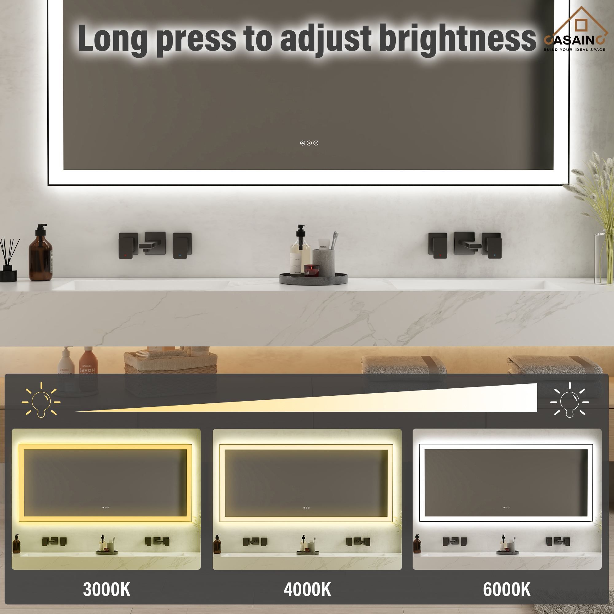 Tempered Glass LED Mirror with Aluminum Frame for Bathroom Vanity