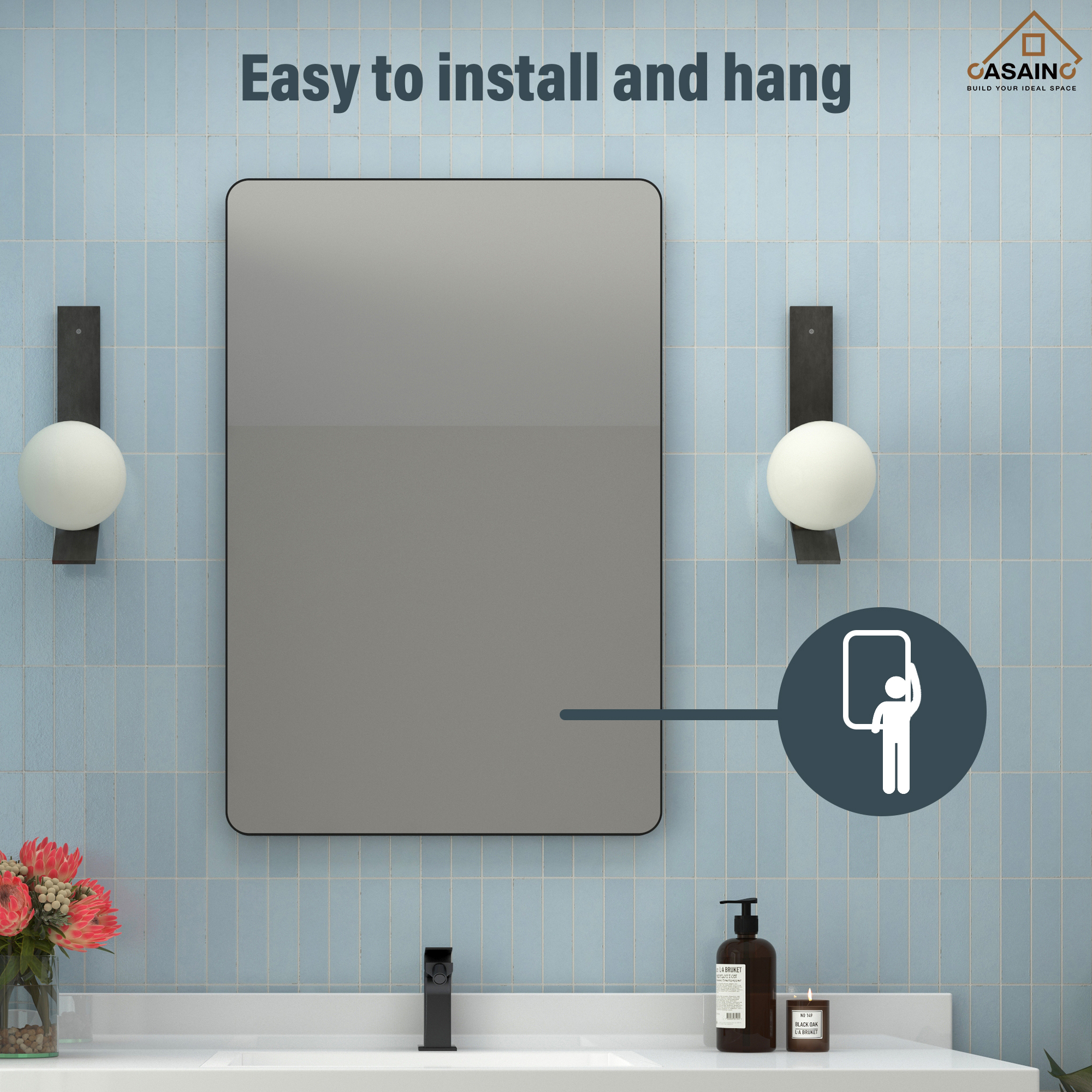 Wall-Mounted Vanity Mirror with Matte Black Metal Frame