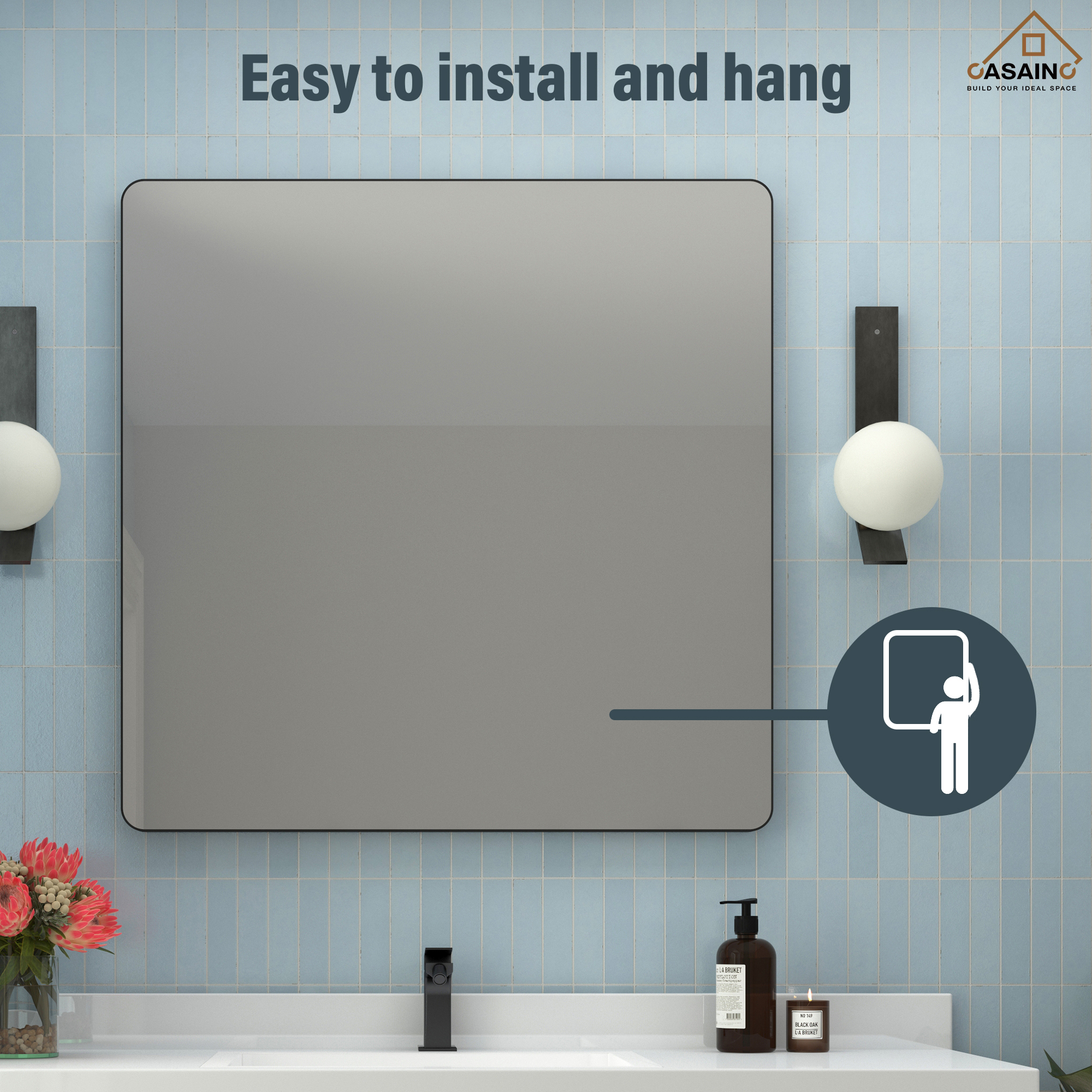 Wall-Mounted Vanity Mirror with Matte Black Metal Frame