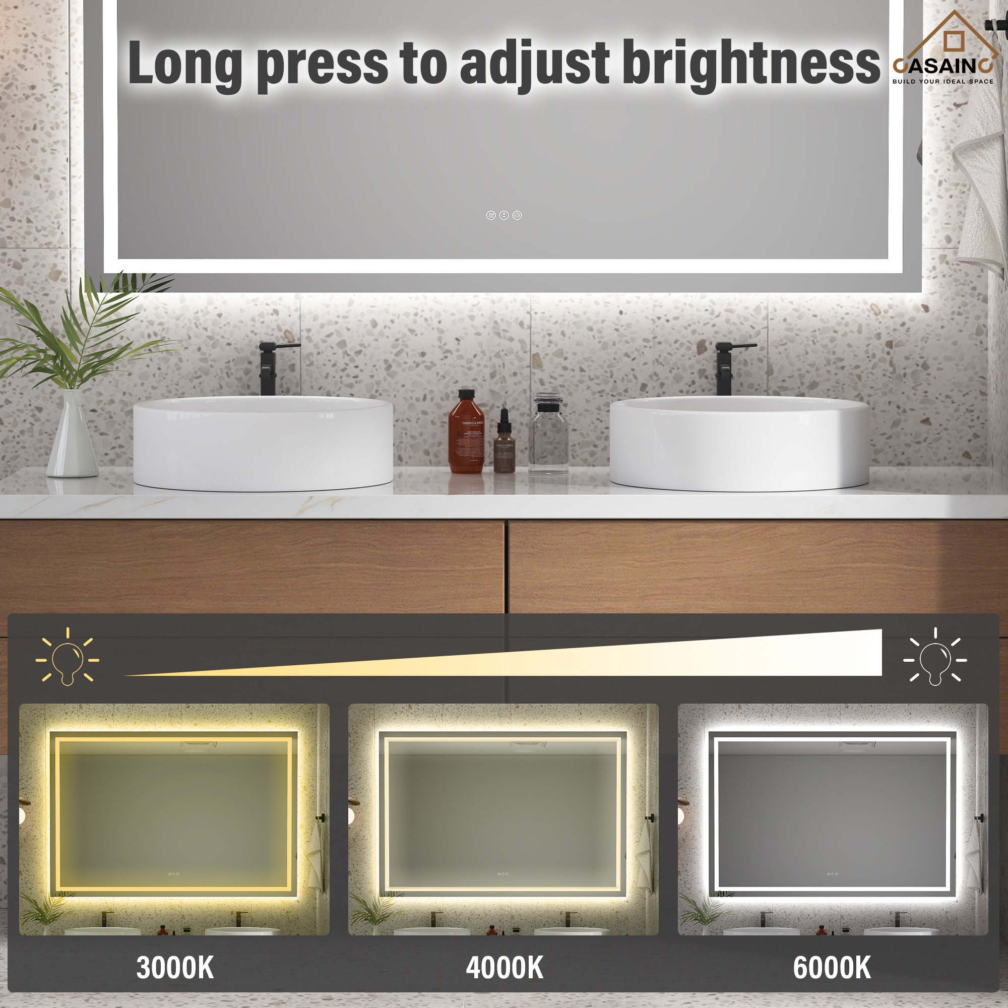 Rectangular Frameless LED Bathroom Mirror with Anti-Fog & Adjustable Color