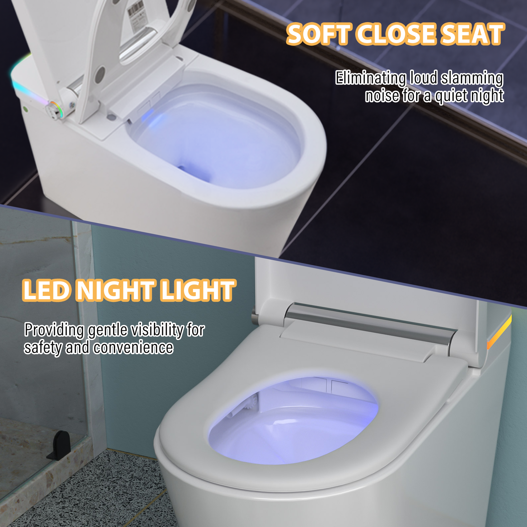 Elongated Heated Seat Smart Toilet with Built-In Bidet and Multicolor LED Backlight