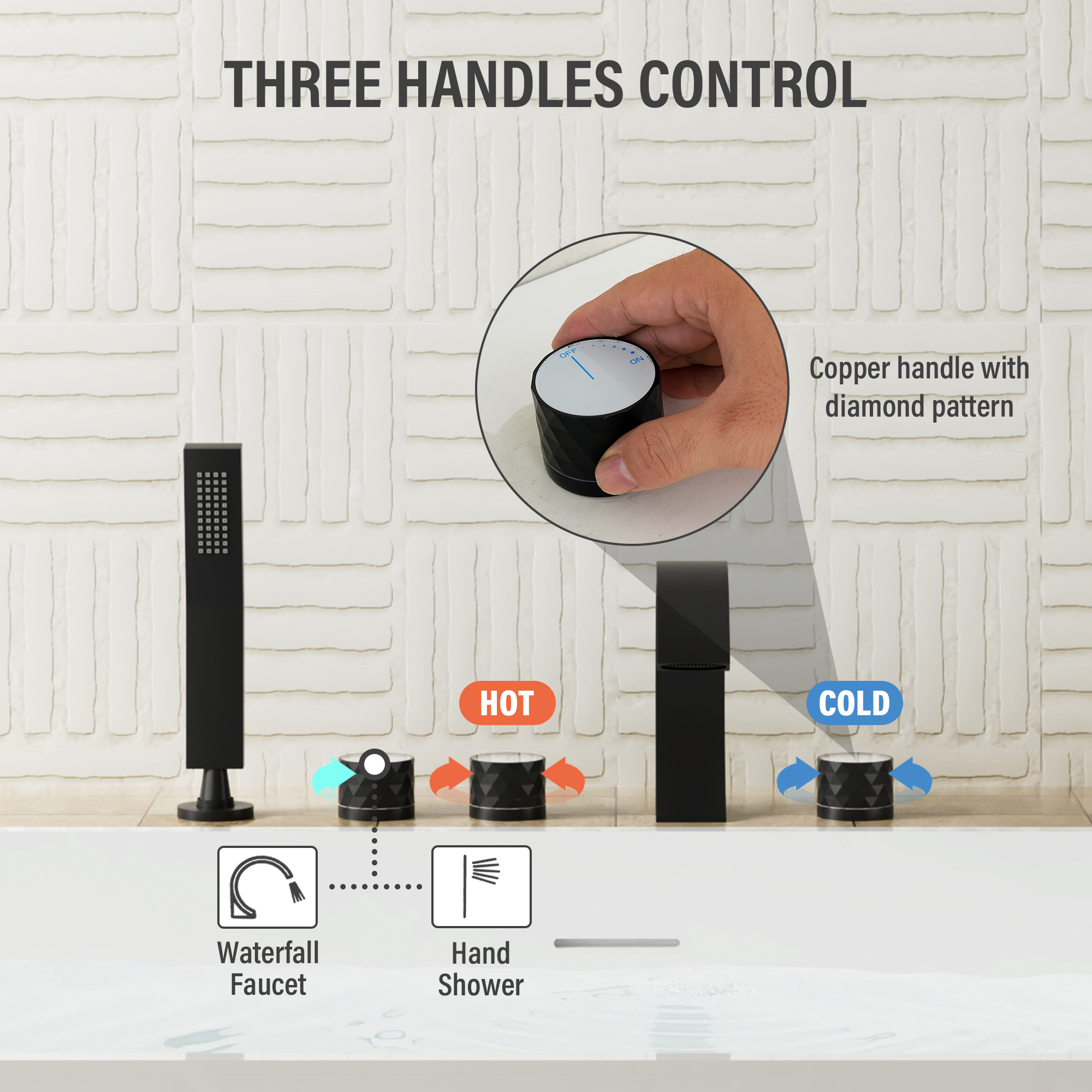 C-Shaped Curved Design 3-Handle Roman Bathtub Faucet with Hand Shower