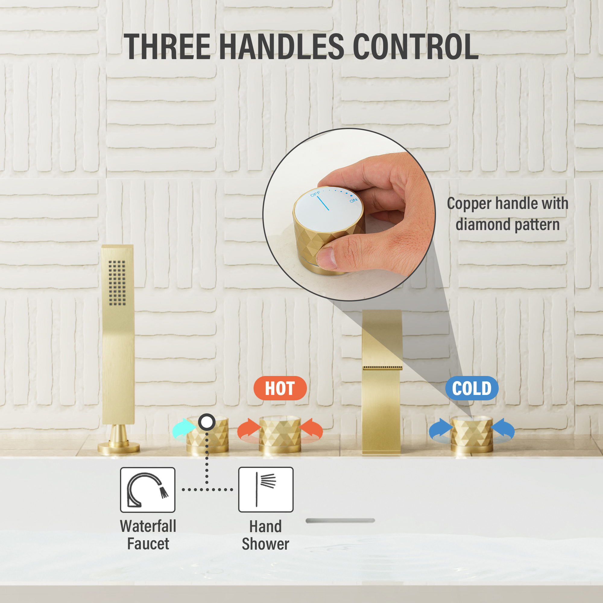 C-Shaped Curved Design 3-Handle Roman Bathtub Faucet with Hand Shower