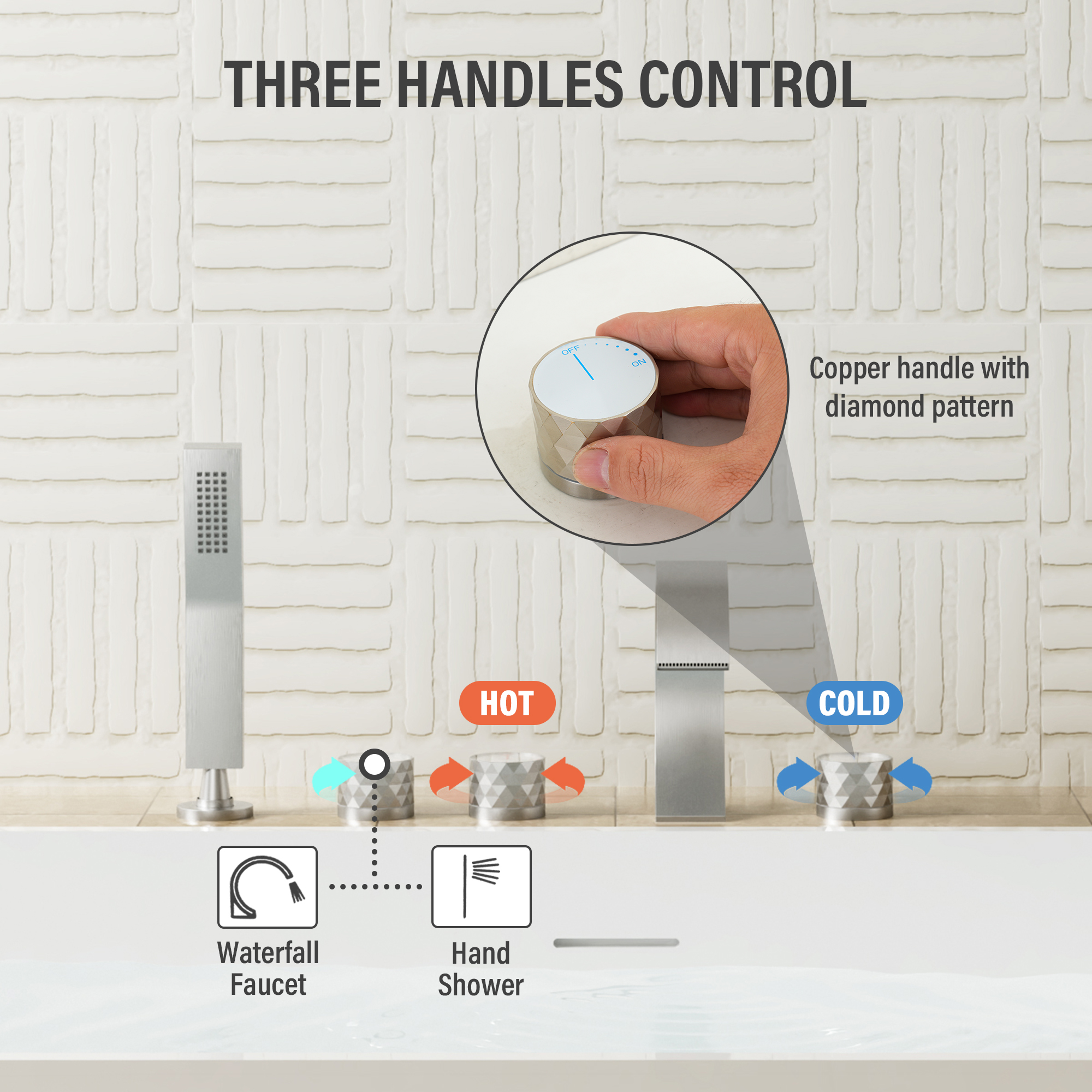 C-Shaped Curved Design 3-Handle Roman Bathtub Faucet with Hand Shower