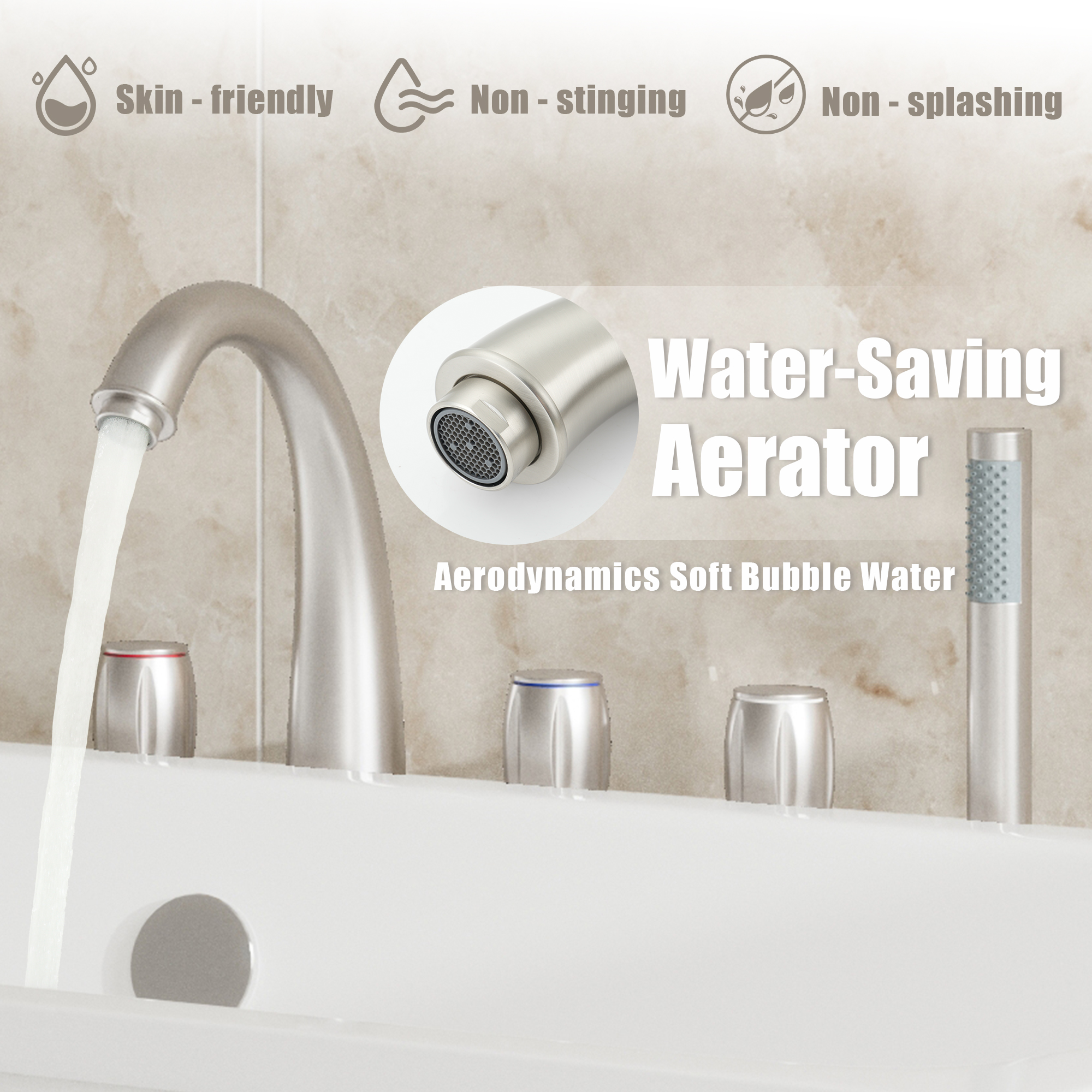 3-Handle Deck-Mounted Waterfall Roman Tub Faucet with Hand Shower