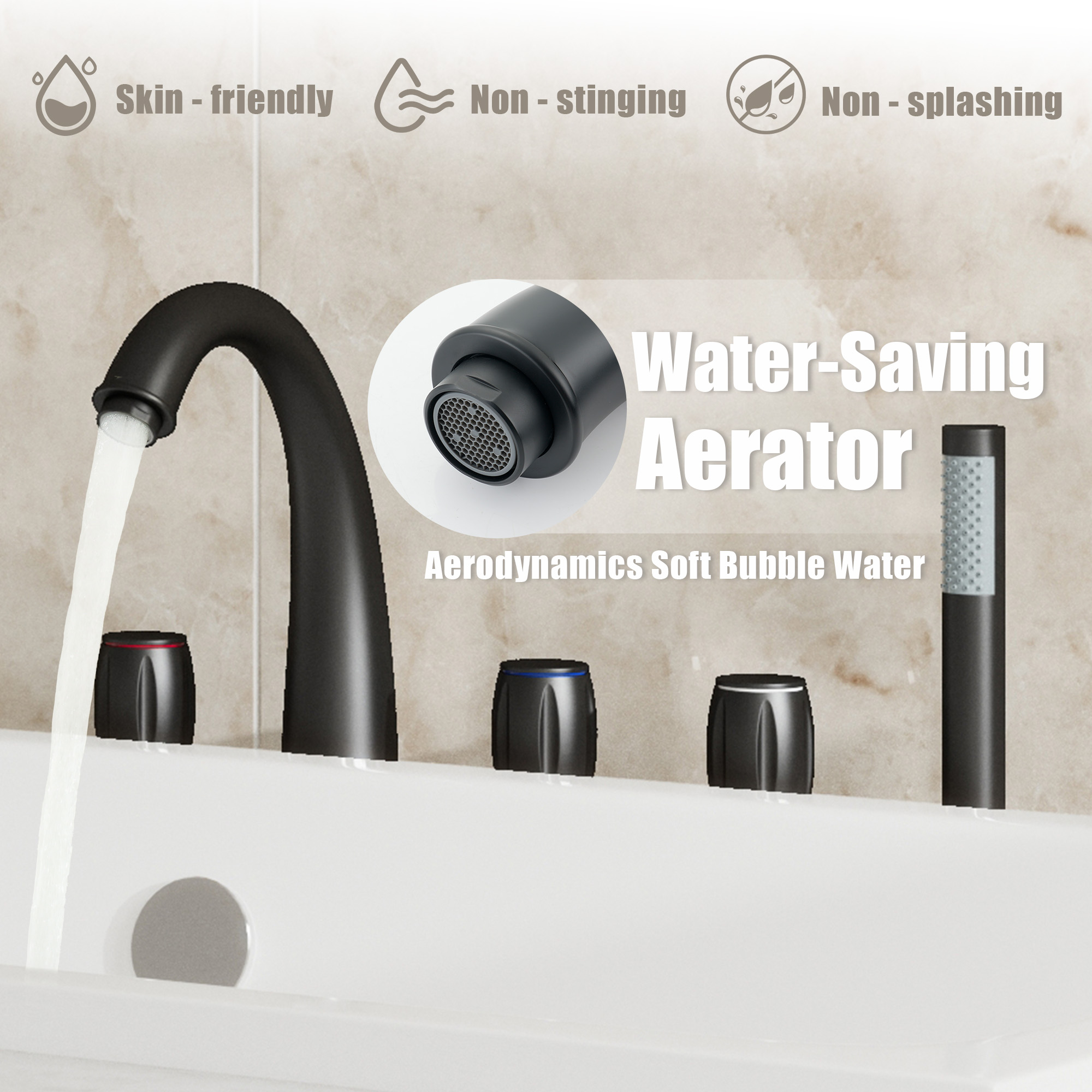 3-Handle Deck-Mounted Waterfall Roman Tub Faucet with Hand Shower