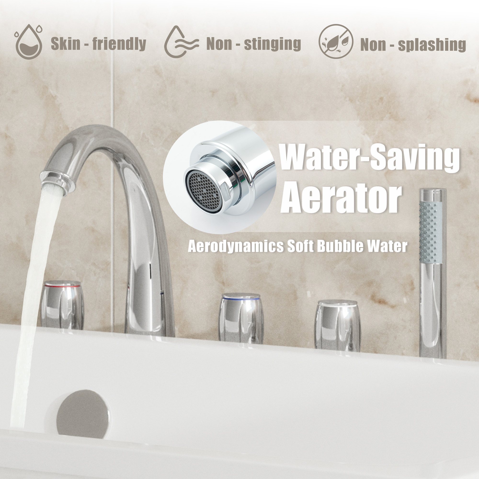 3-Handle Deck-Mounted Waterfall Roman Tub Faucet with Hand Shower