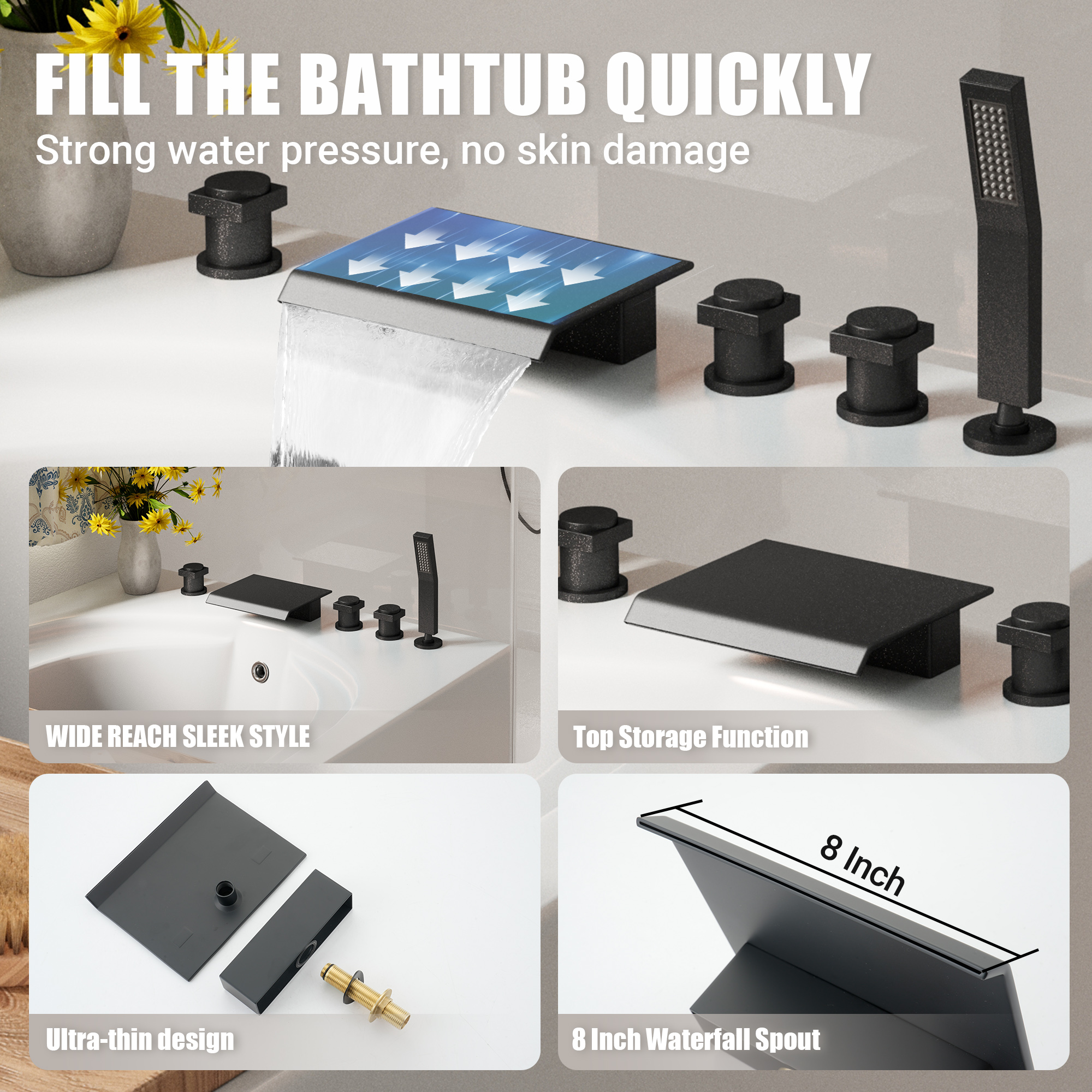 3-Handle 5 Holes Deck-Mounted Bathtub Faucet with Handheld Shower