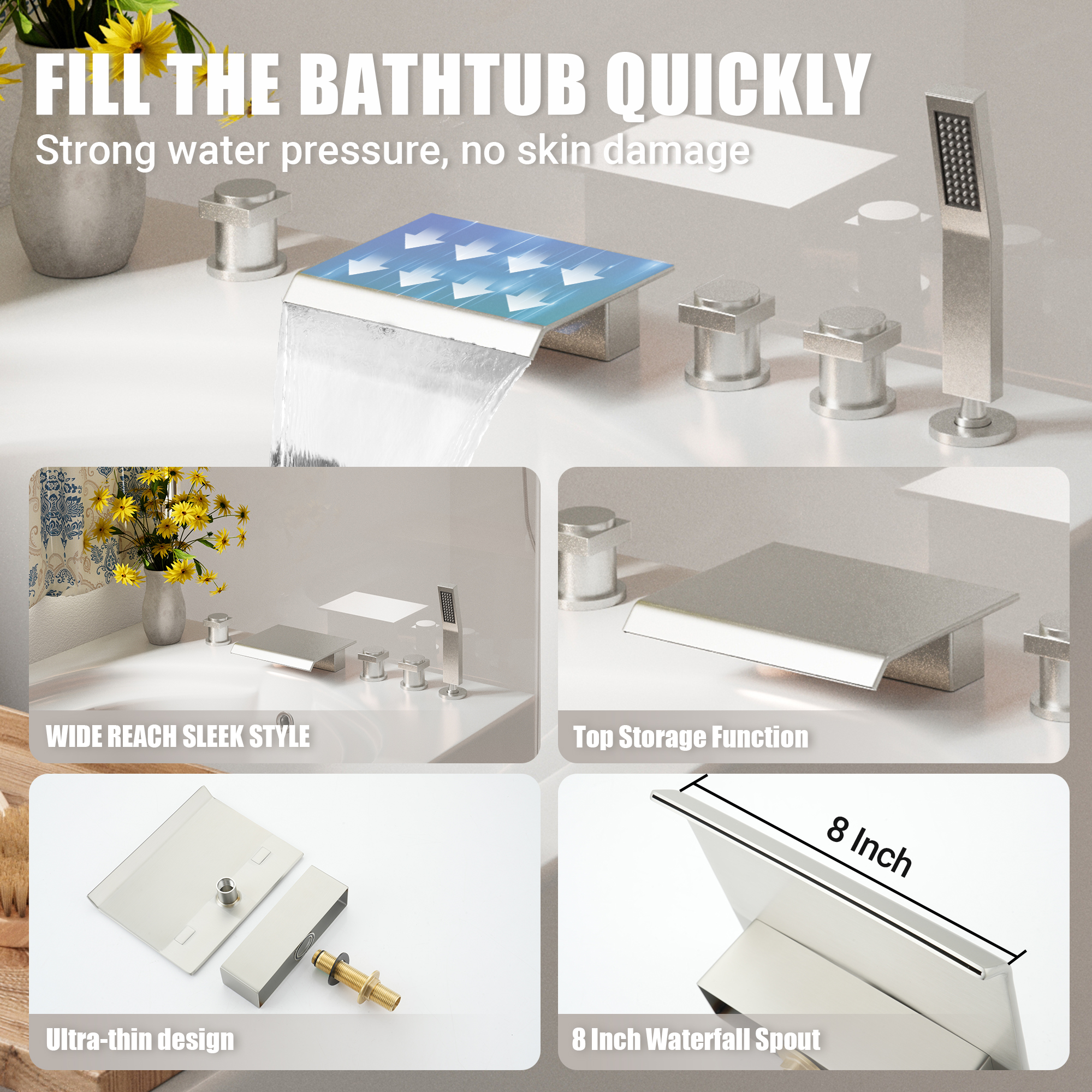 3-Handle 5 Holes Deck-Mounted Bathtub Faucet with Handheld Shower