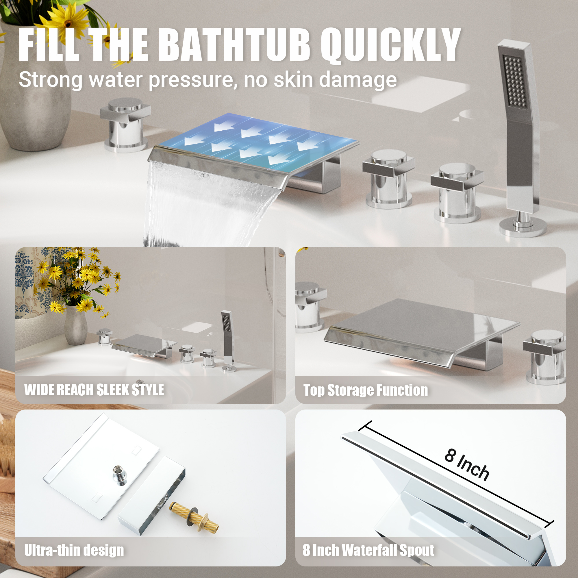 3-Handle 5 Holes Deck-Mounted Bathtub Faucet with Handheld Shower