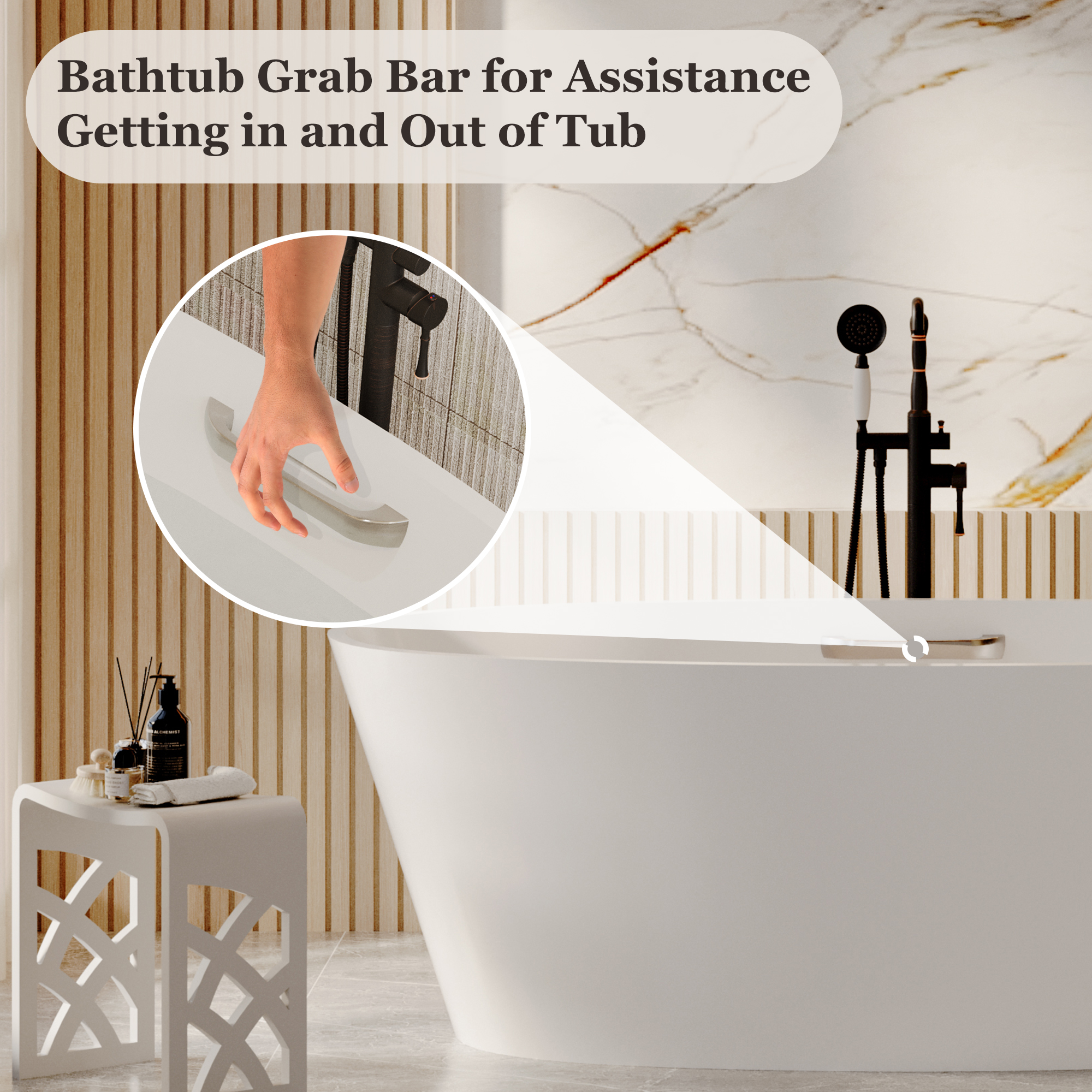 63" Matte White Solid Surface Freestanding Soaking Bathtub with One-Side Armrest