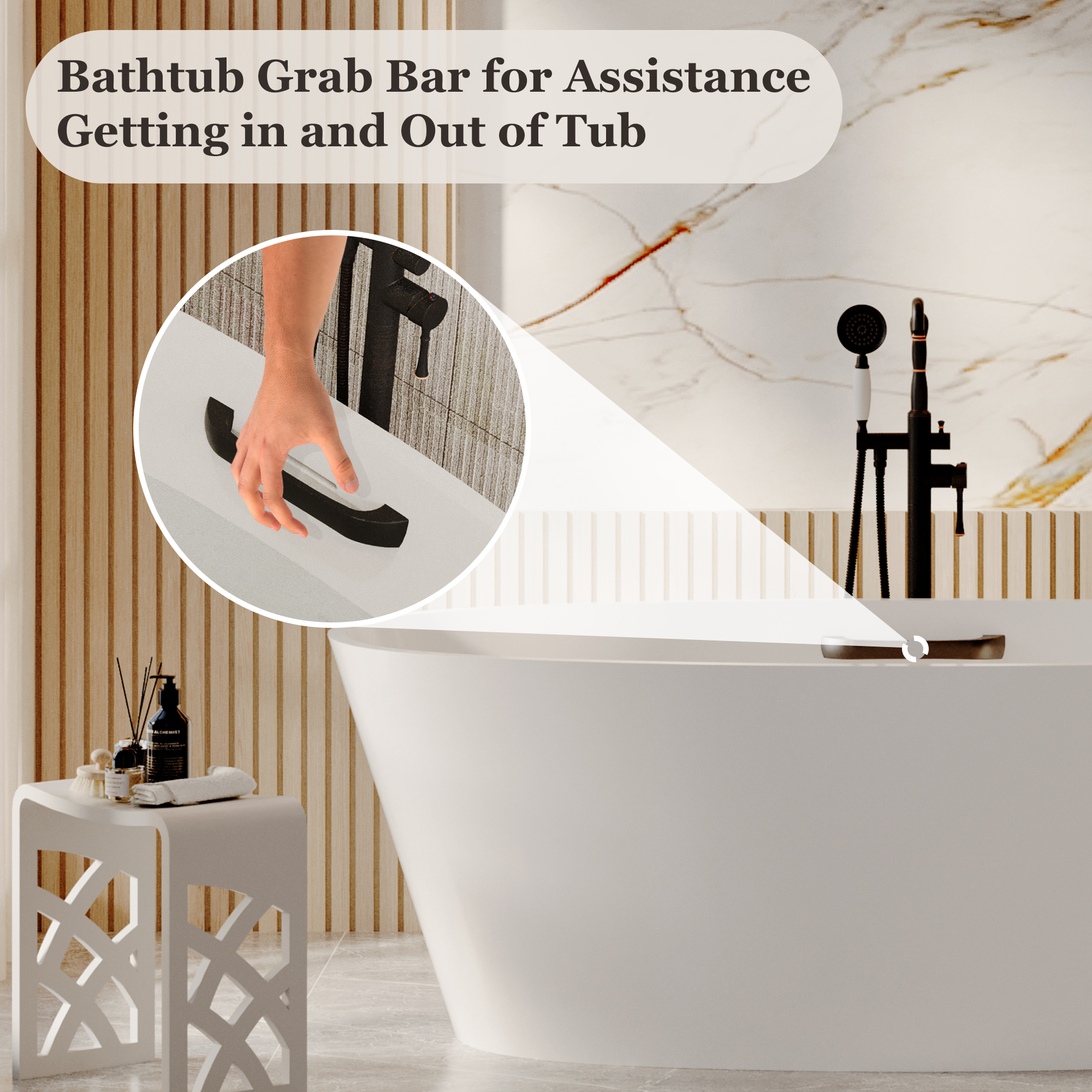 63" Matte White Solid Surface Freestanding Soaking Bathtub with One-Side Armrest