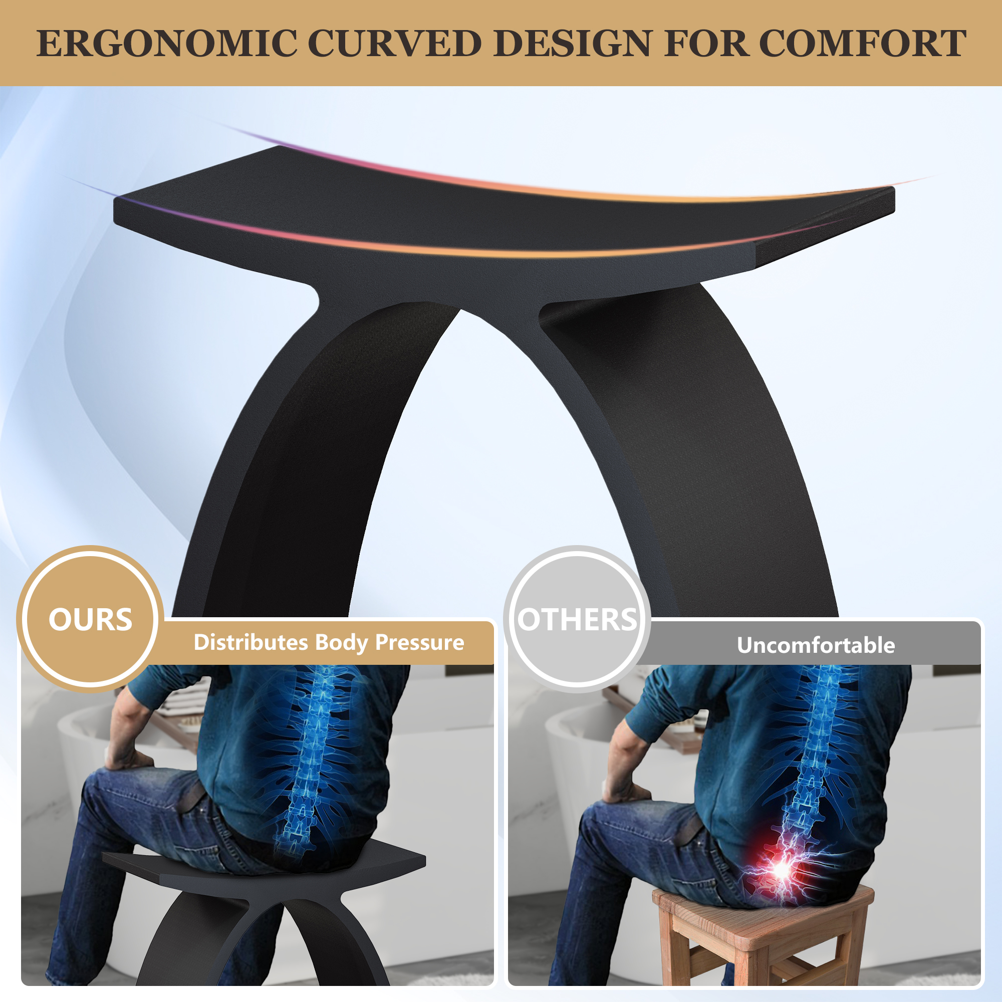 Modern Arched Solid Surface Bathroom Shower Stool in Matte White/Matte Black