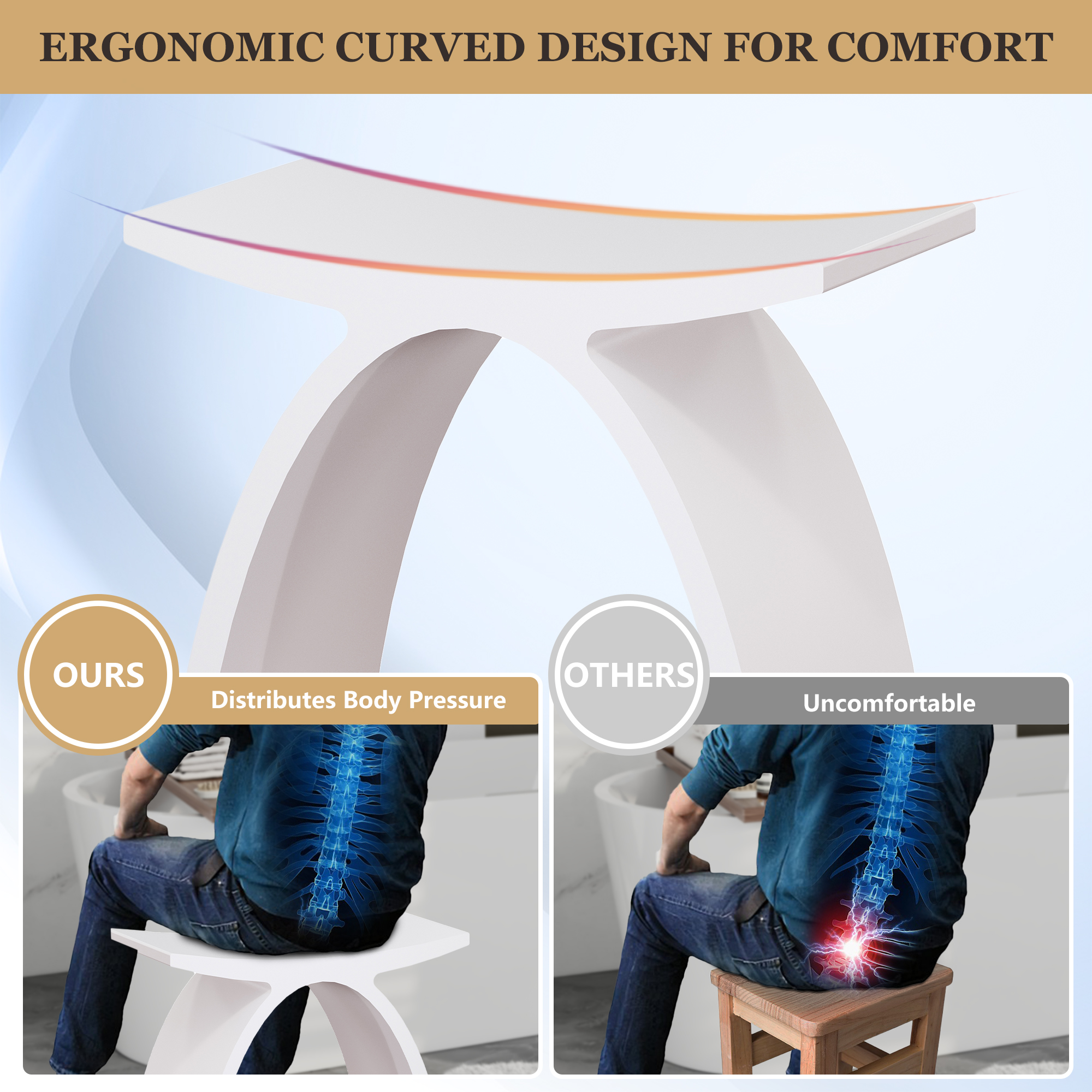 Modern Arched Solid Surface Bathroom Shower Stool in Matte White/Matte Black