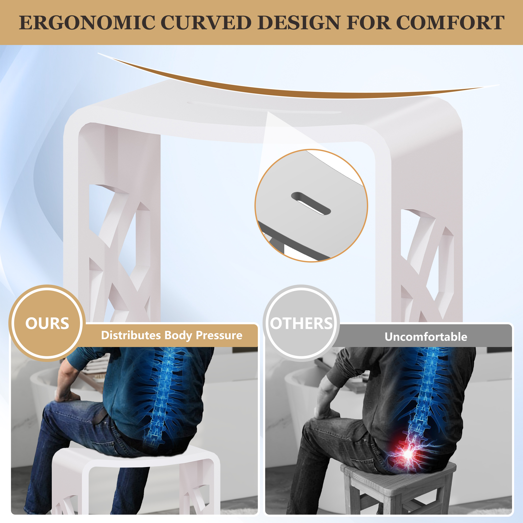 Chic Solid Surface Stone Bath Stool with Lattice Carved Legs