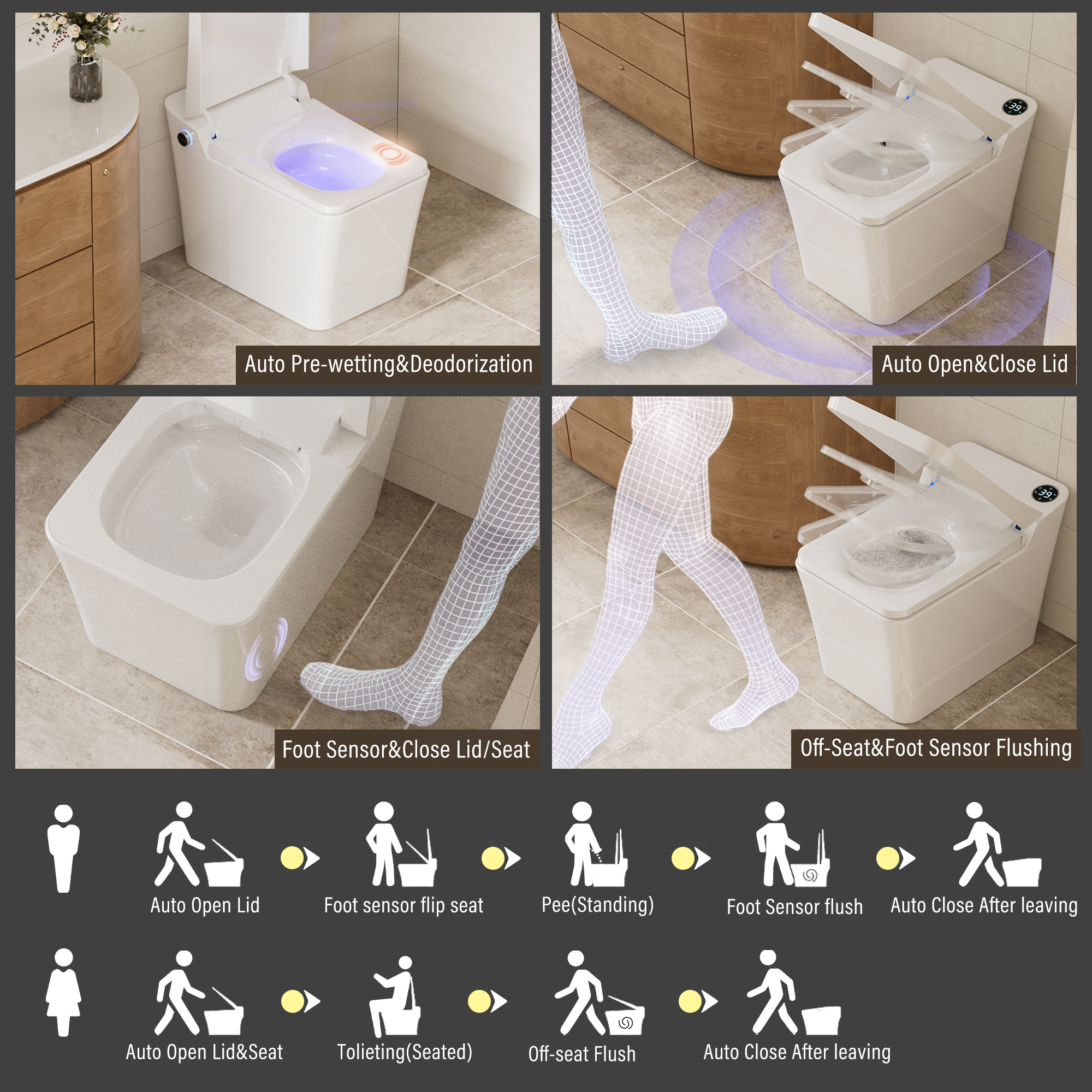 Elongated White Square-Shaped Tankless Smart Bidet Toilet