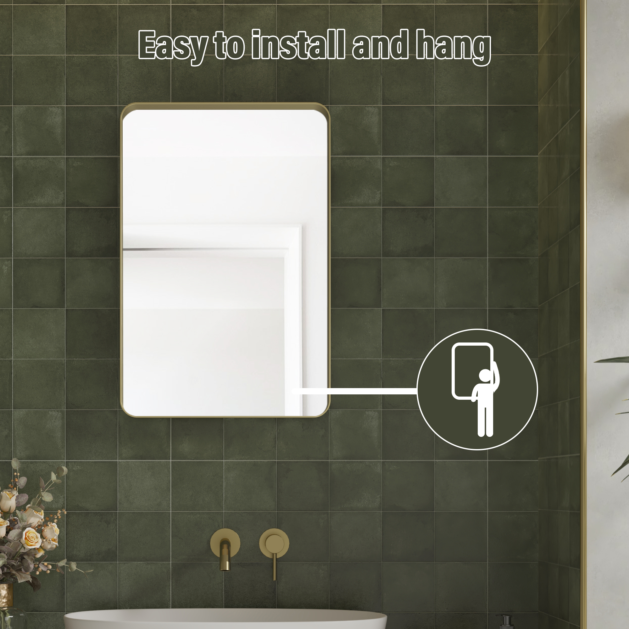 Tempered Glass Wall-Mounted Mirror with Gold Metal Frame