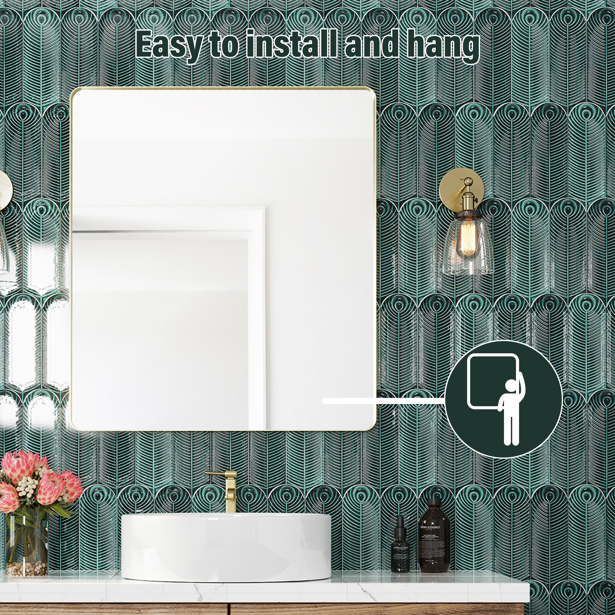 Tempered Glass Wall-Mounted Mirror with Gold Metal Frame