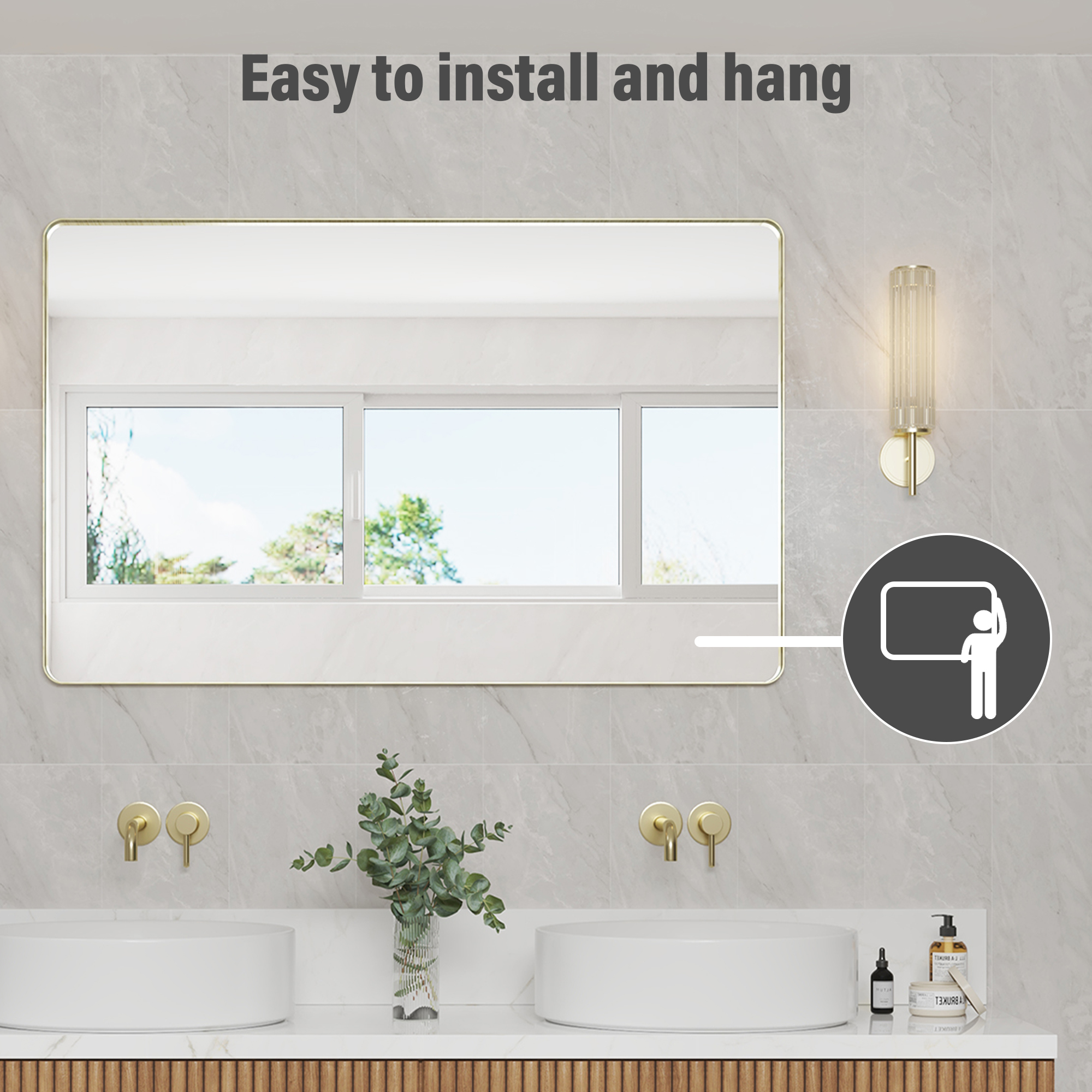 Tempered Glass Wall-Mounted Mirror with Gold Metal Frame