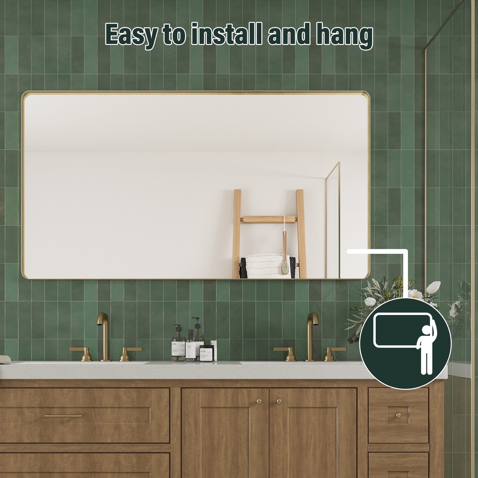 Tempered Glass Wall-Mounted Mirror with Gold Metal Frame