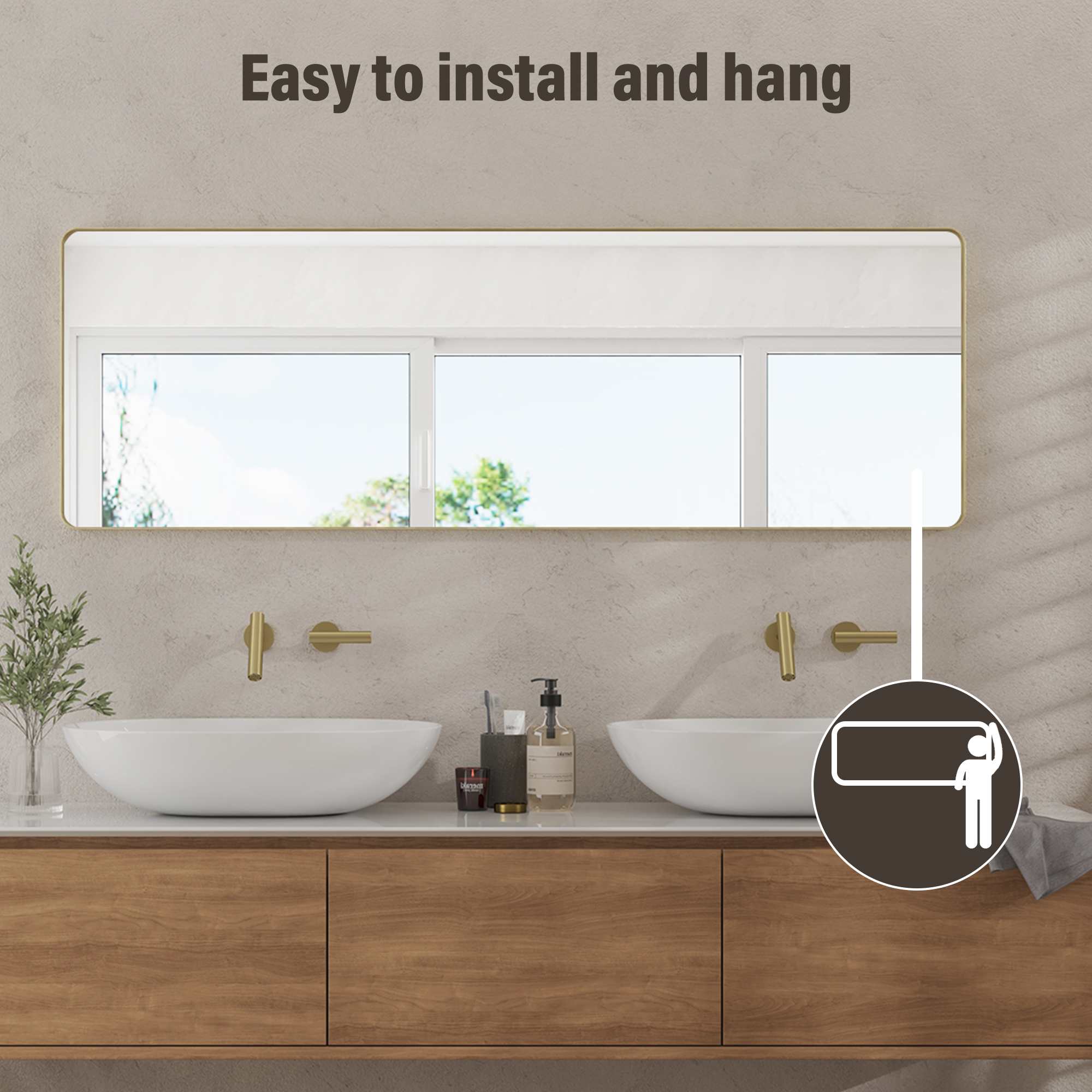 Tempered Glass Wall-Mounted Mirror with Gold Metal Frame