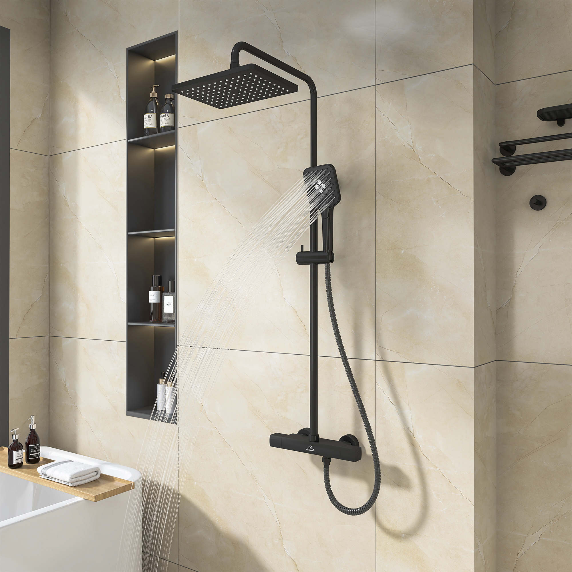 11.4*7.5" Thermostatic Rain Shower Faucet with Slide Bar in Matte Black