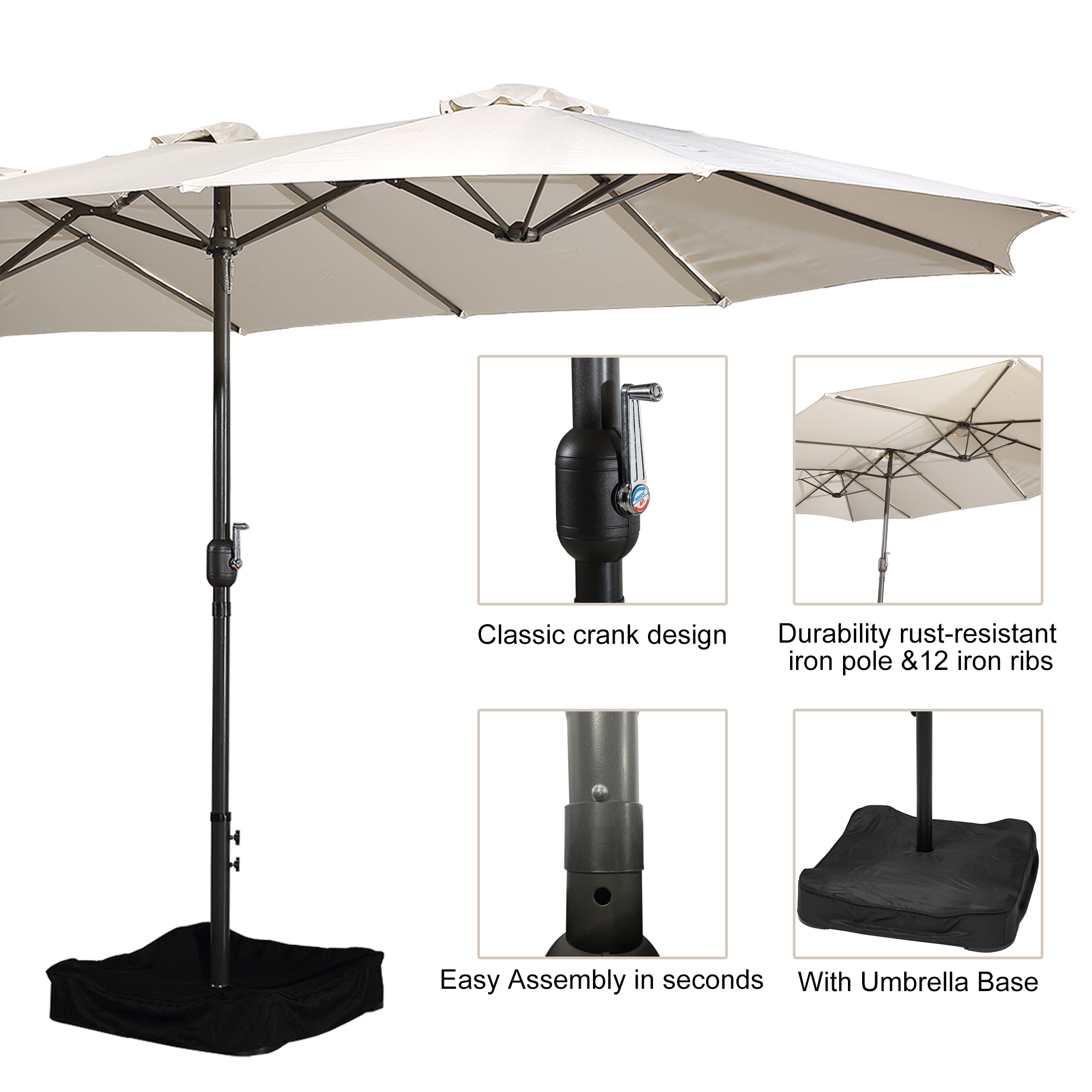 15ft Patio Steel Rectangular Double-Sided Market Umbrella With Base, Classic Design or Solar LED Lights Options,UV Sun Protection & Easy Crank for Deck Pool Patio.