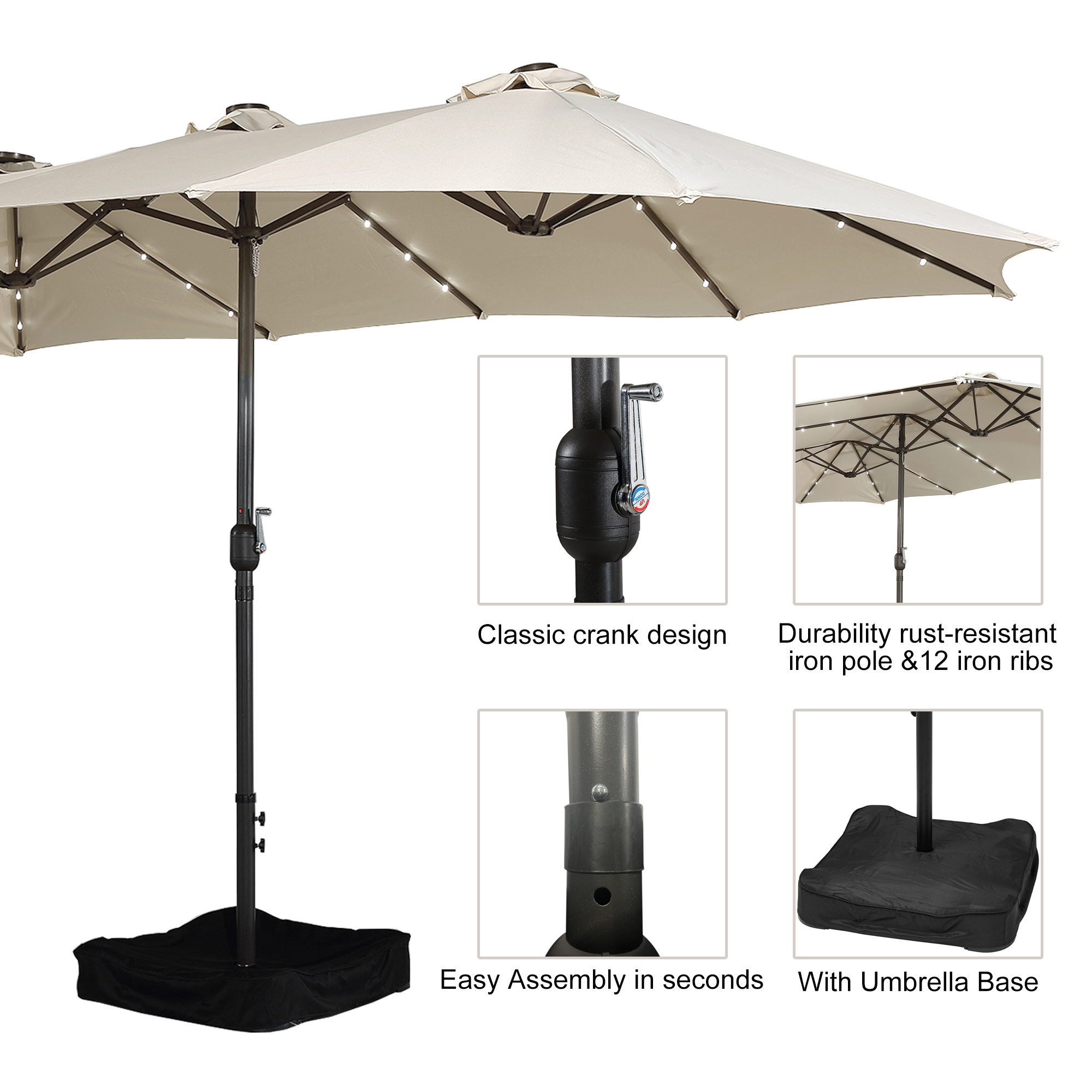 15ft Patio Steel Rectangular Double-Sided Market Umbrella With Base, Classic Design or Solar LED Lights Options,UV Sun Protection & Easy Crank for Deck Pool Patio.