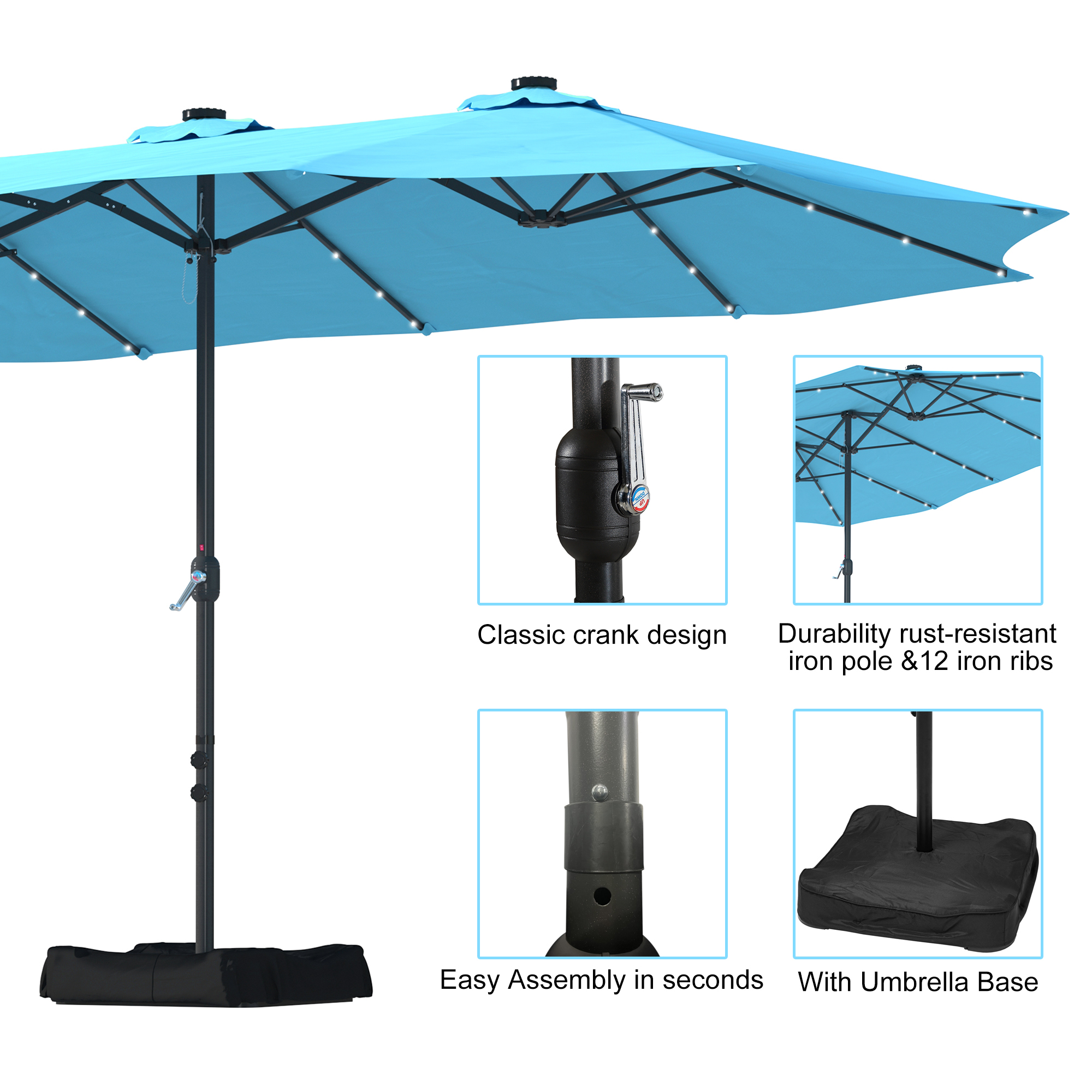 15ft Patio Steel Rectangular Double-Sided Market Umbrella With Base, Classic Design or Solar LED Lights Options,UV Sun Protection & Easy Crank for Deck Pool Patio.
